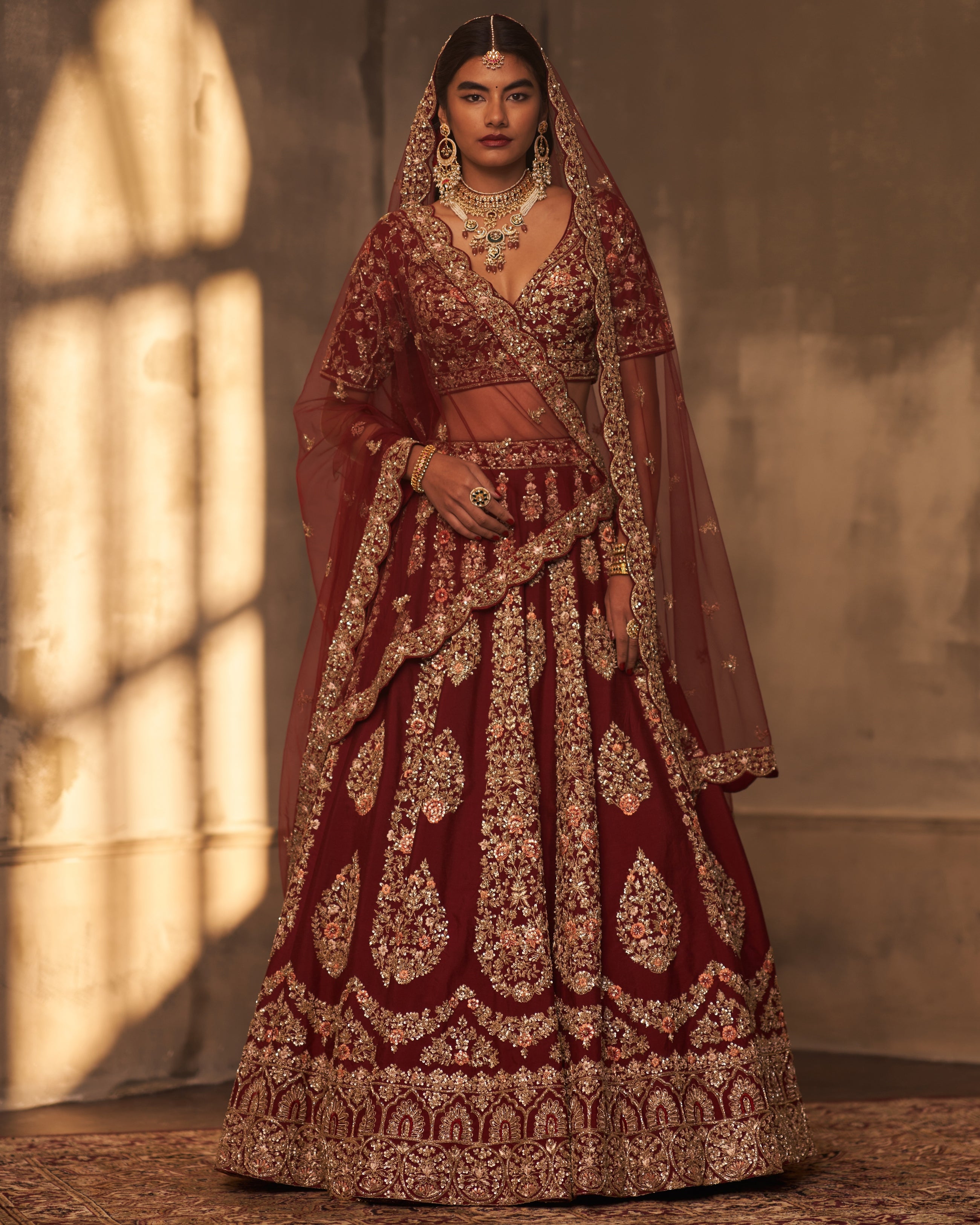 Jenna Maroon Raw Silk Double Dupatta Lehenga Set