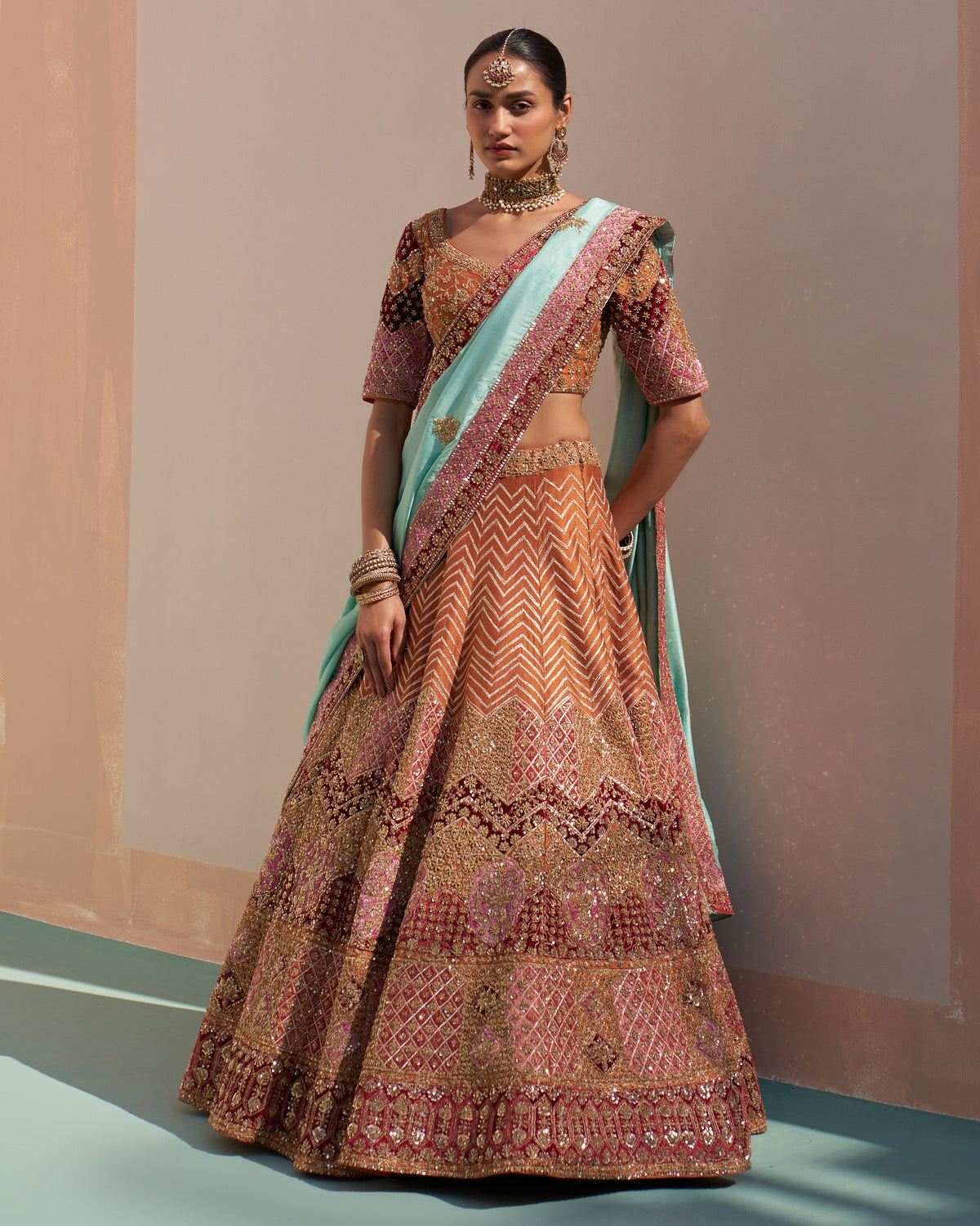 Ena Rust Double Dupatta Lehenga Set