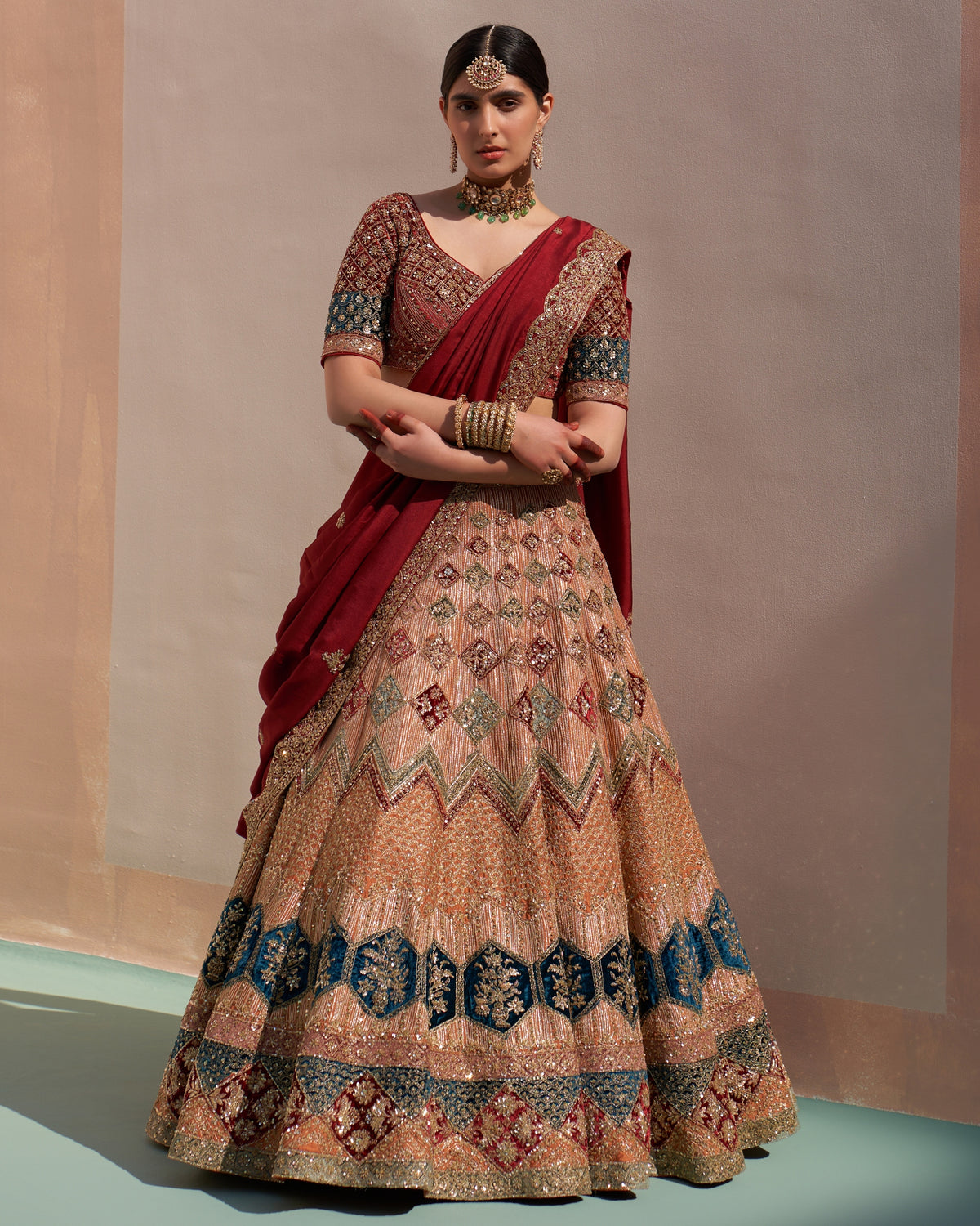 Varsha Nude Raw Silk Double Dupatta Lehenga Set