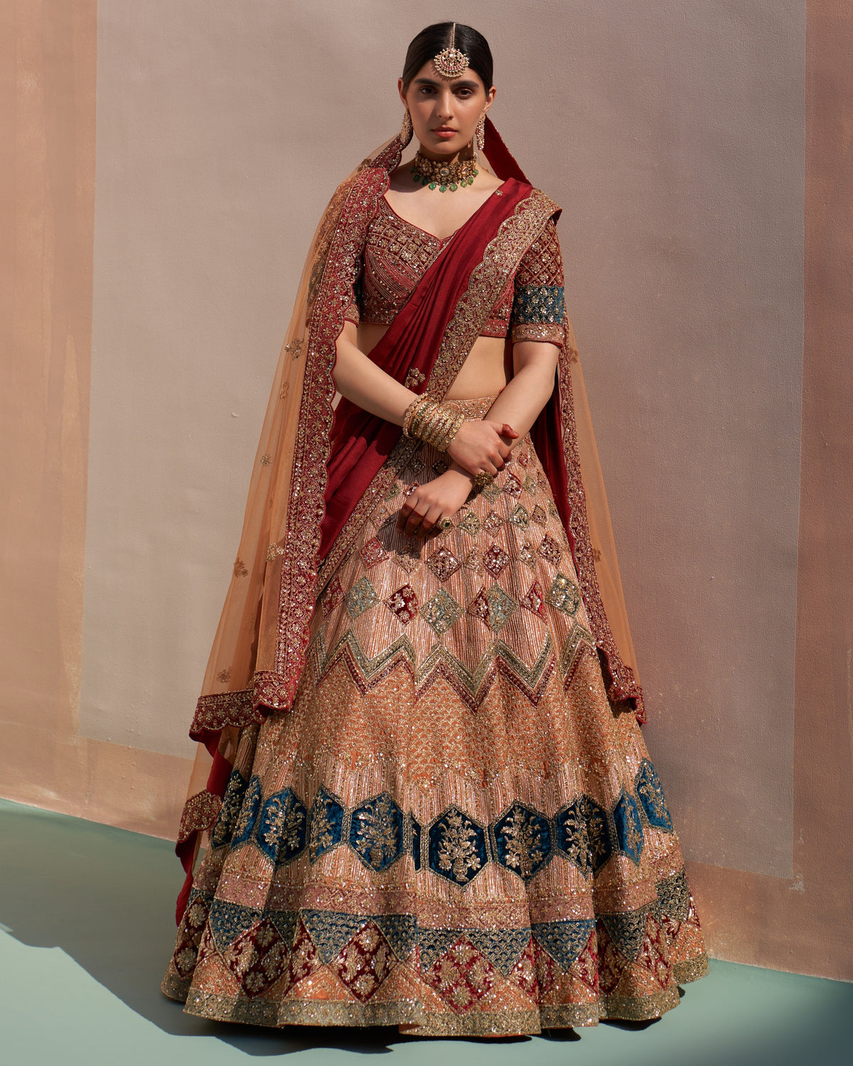 Varsha Nude Raw Silk Double Dupatta Lehenga Set