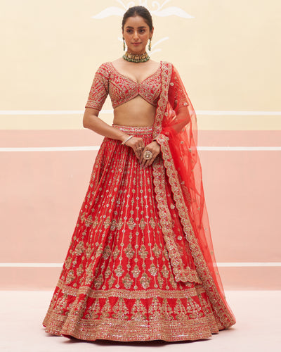 Jona Red Raw Silk Lehenga Set