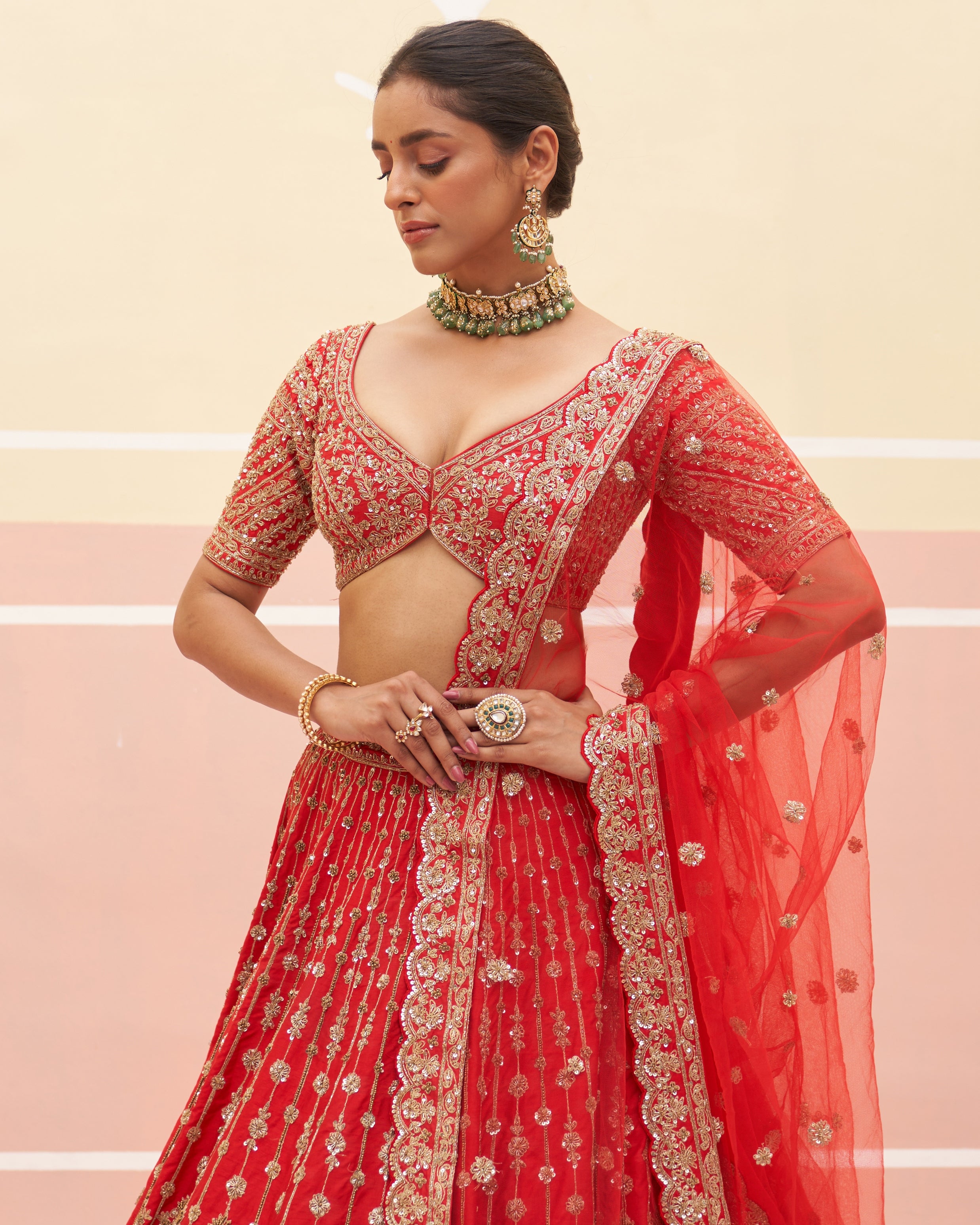 Jona Red Raw Silk Lehenga Set