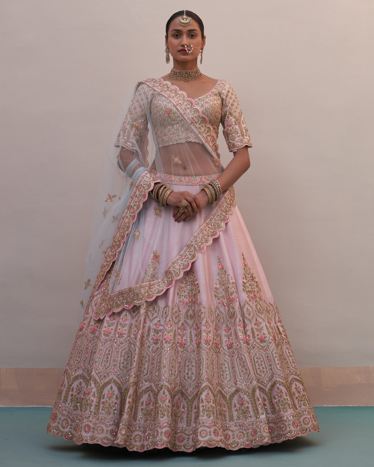 Hrida Blush Pink Double Dupatta Lehenga Set