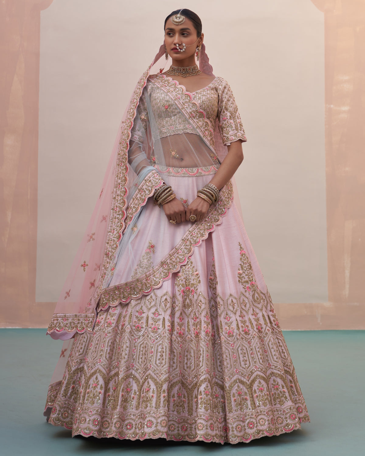 Hrida Blush Pink Double Dupatta Lehenga Set