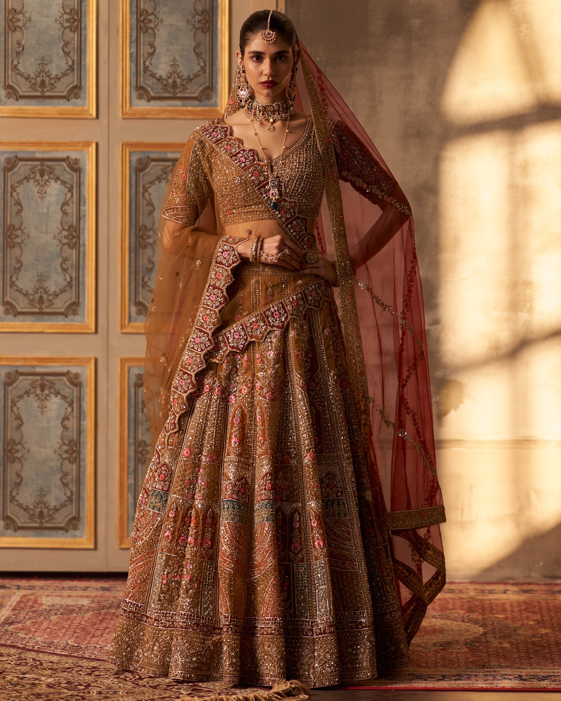 Sabira Olive Green Organza Double Dupatta Lehenga Set