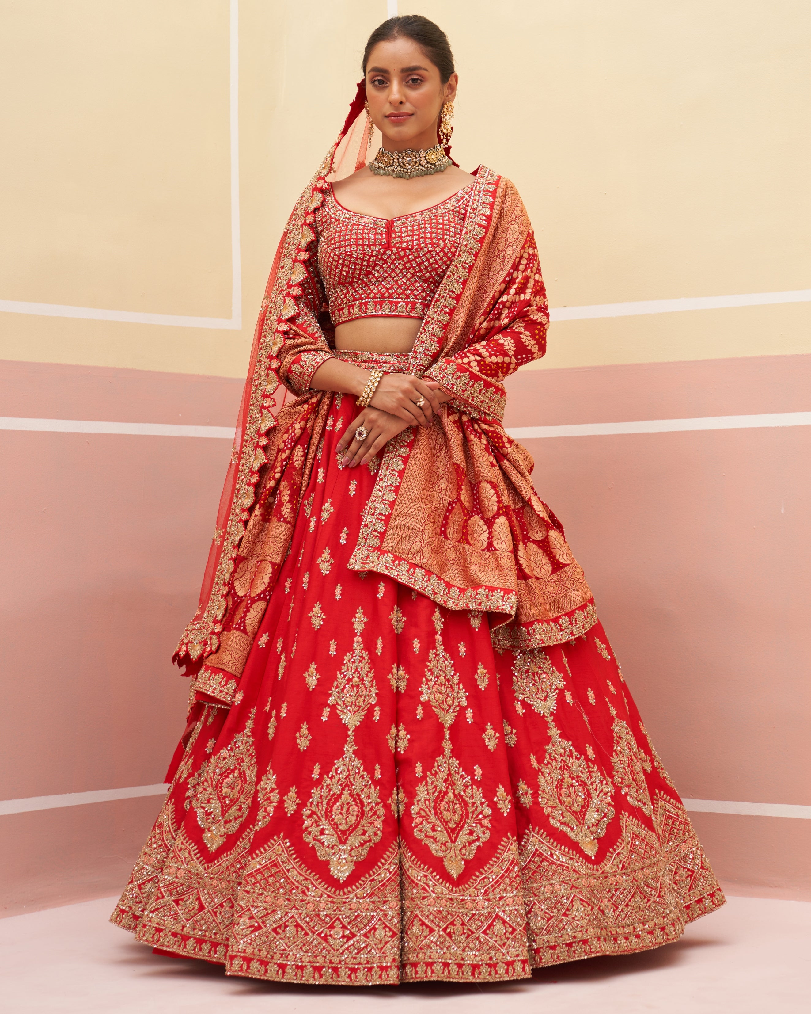 Chhaya Red Raw Silk Lehenga Set