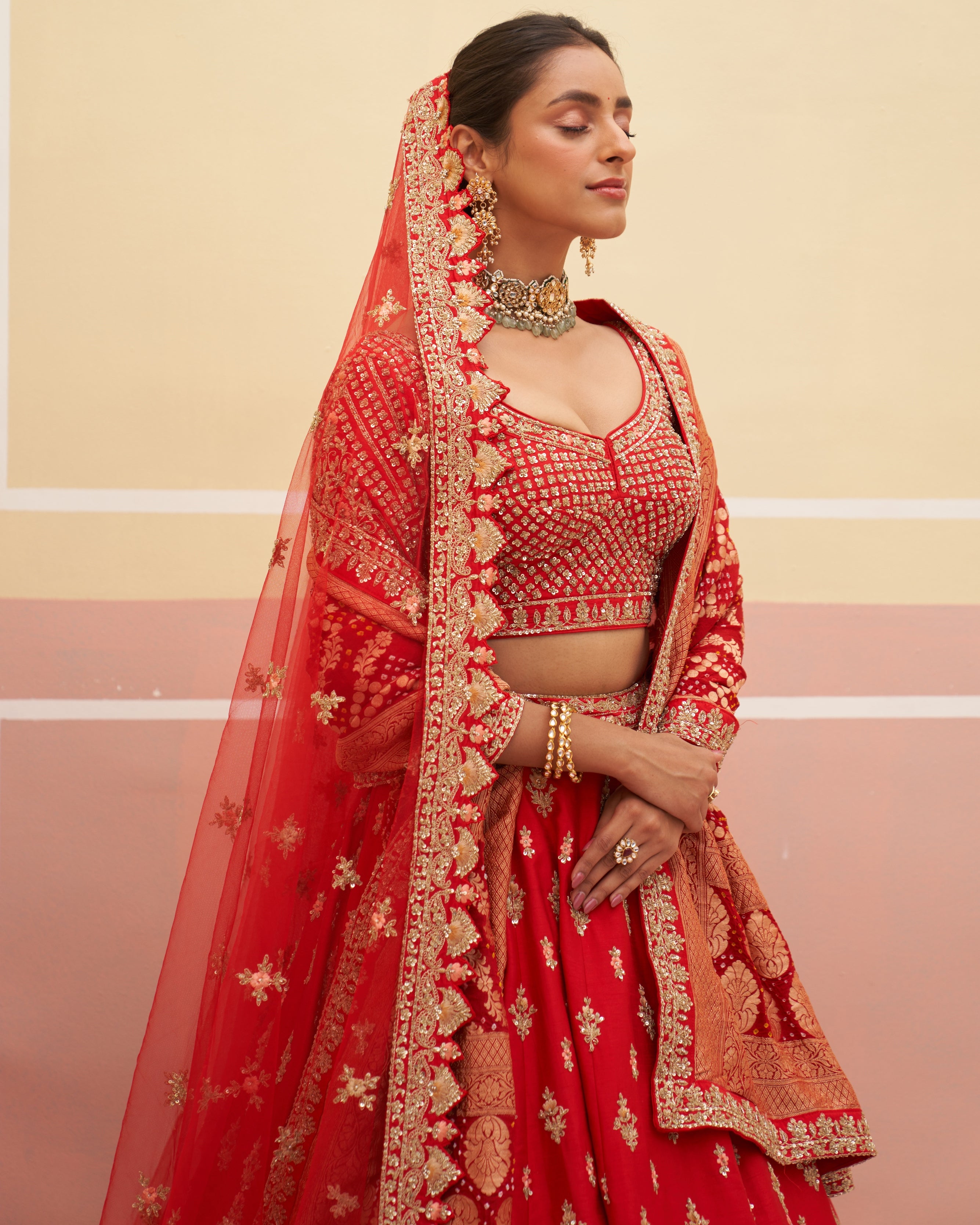 Chhaya Red Raw Silk Lehenga Set