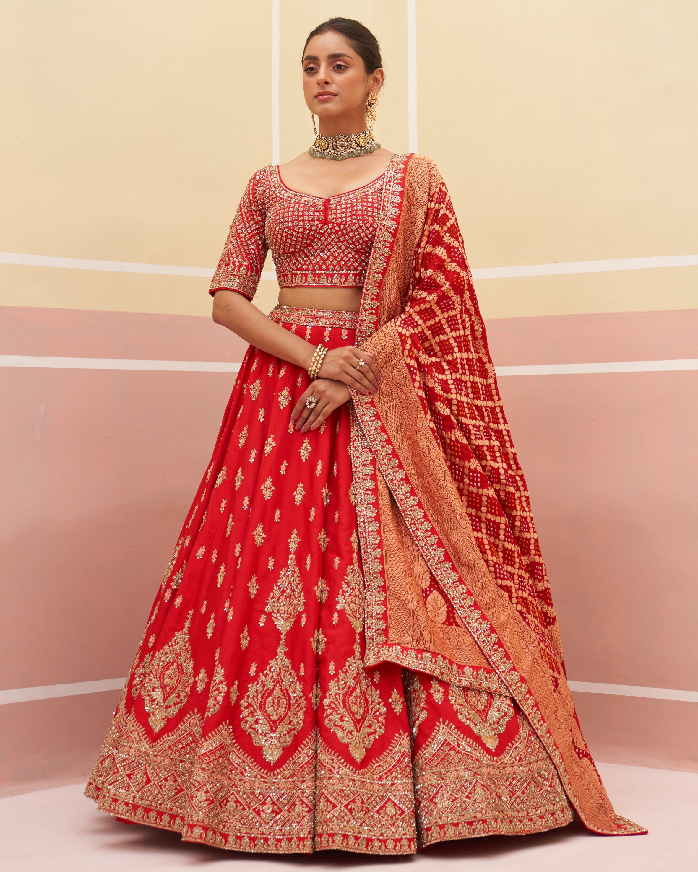 Chhaya Red Raw Silk Lehenga Set
