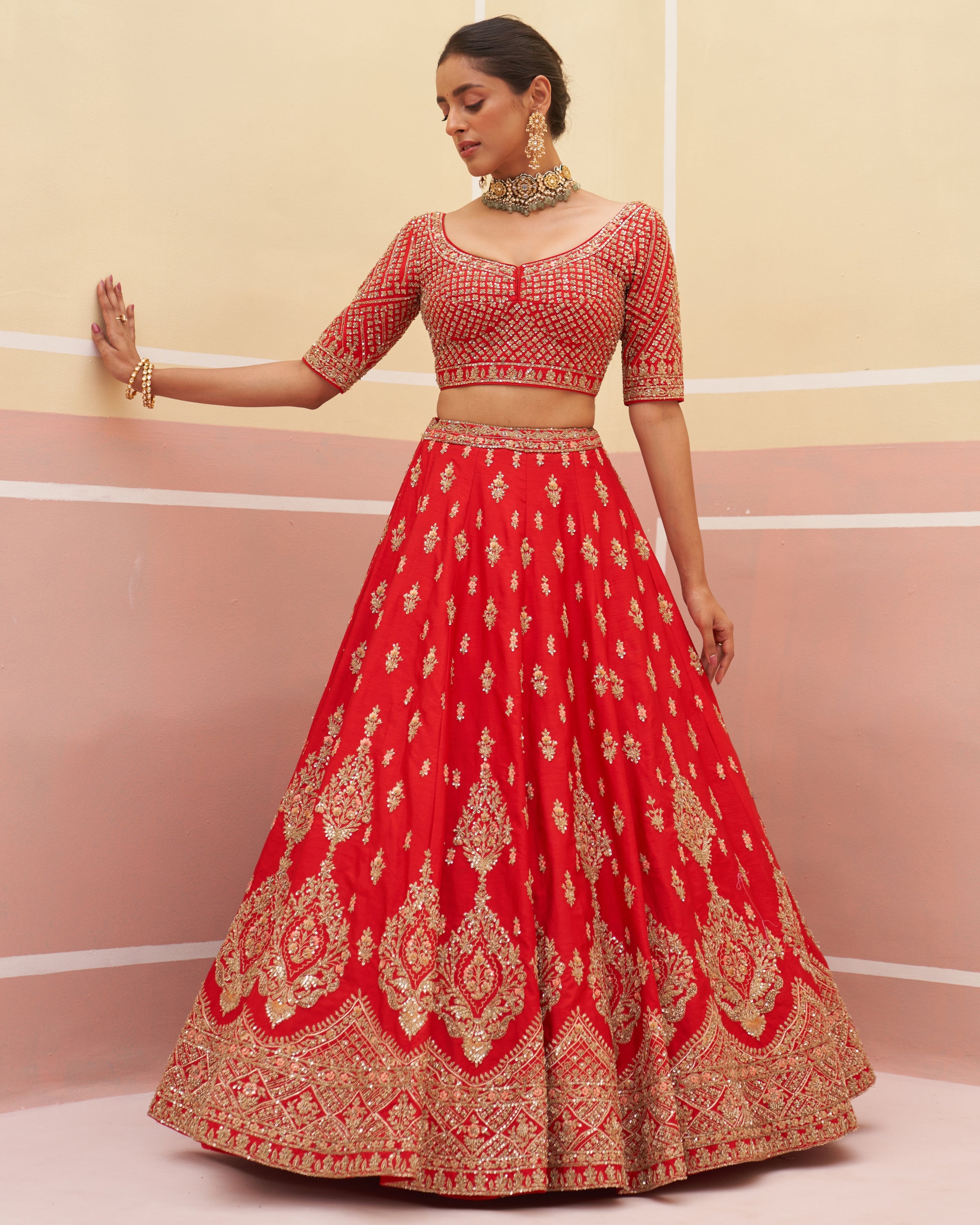 Chhaya Red Raw Silk Lehenga Set