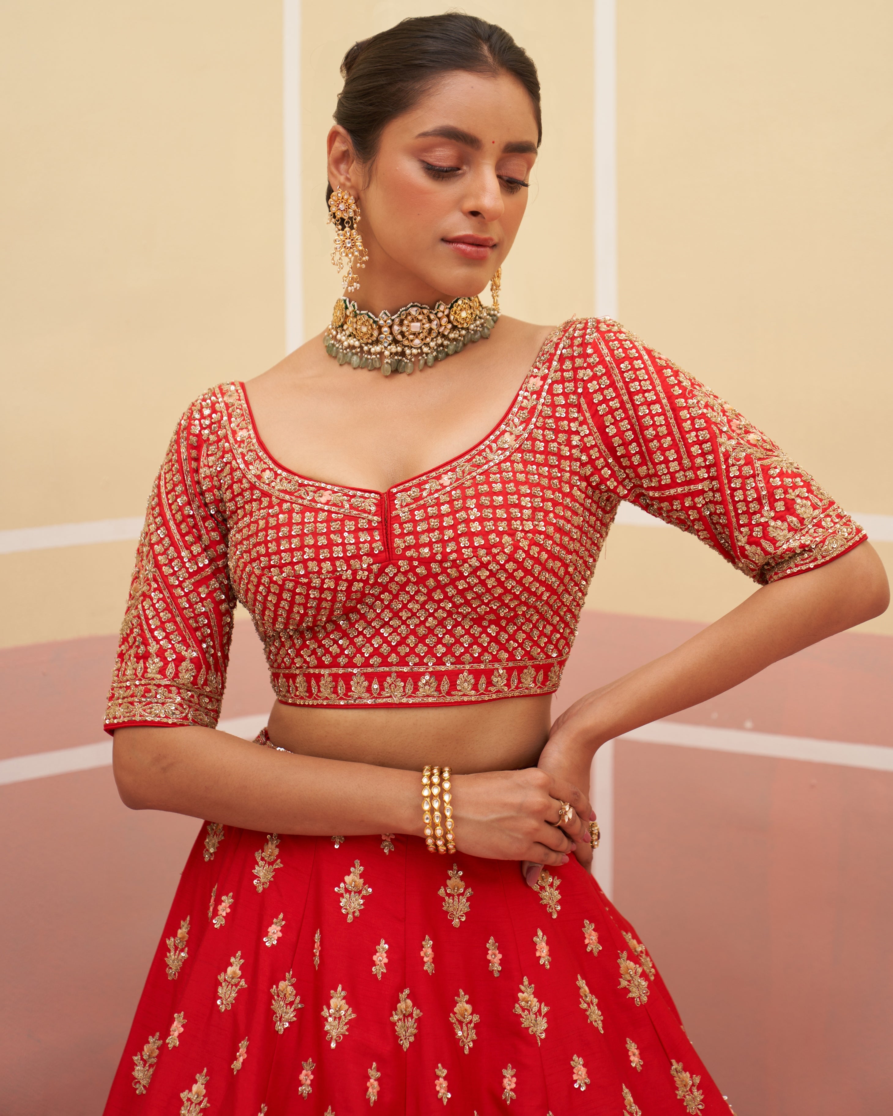 Chhaya Red Raw Silk Lehenga Set