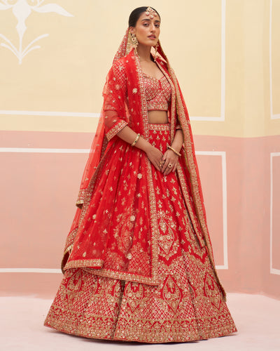 Chhaya Red Raw Silk Lehenga Set