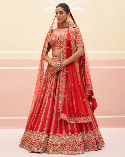 Saharsa Red Raw Silk Lehenga Set
