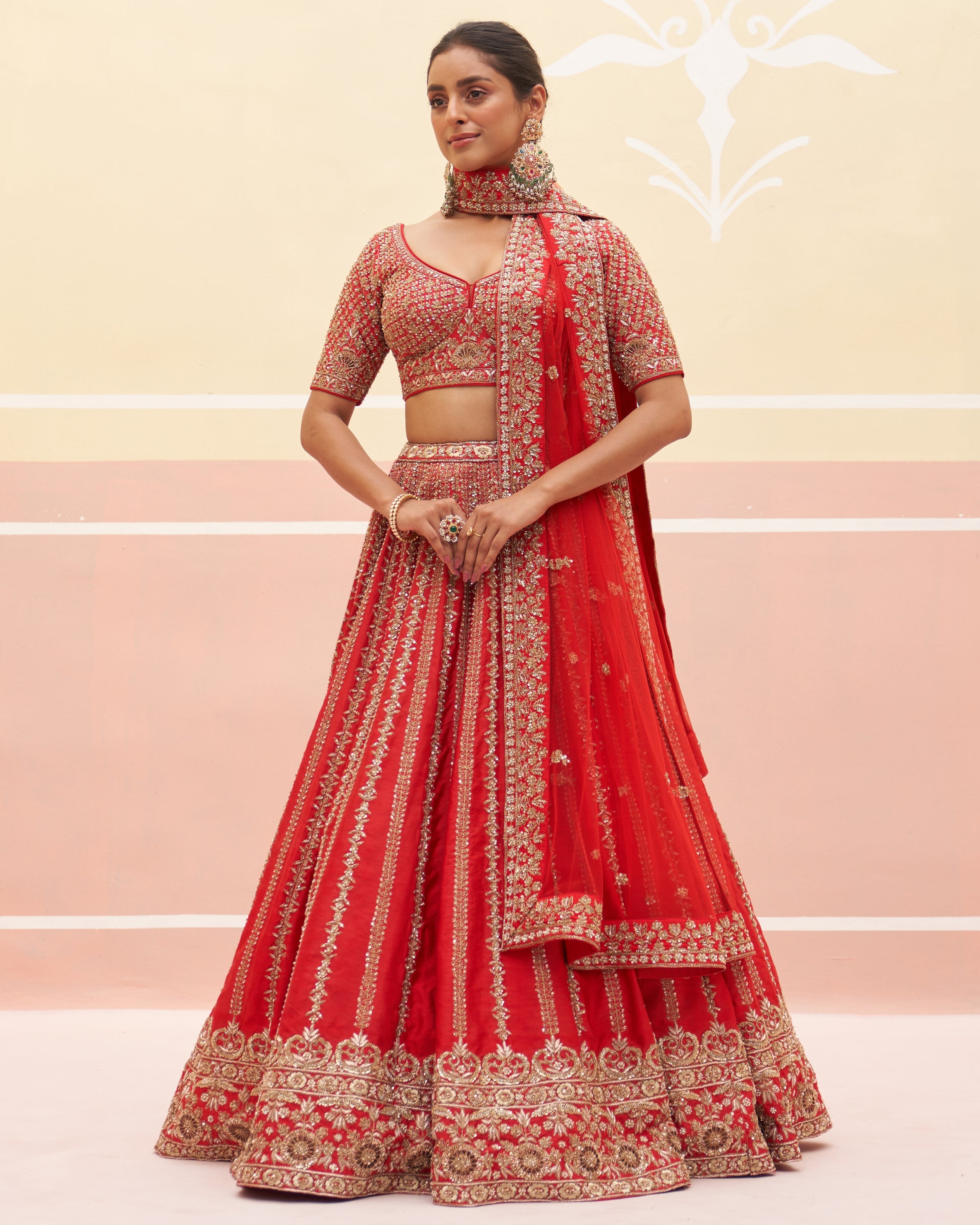 Saharsa Red Raw Silk Lehenga Set