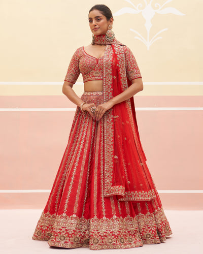 Saharsa Red Raw Silk Lehenga Set