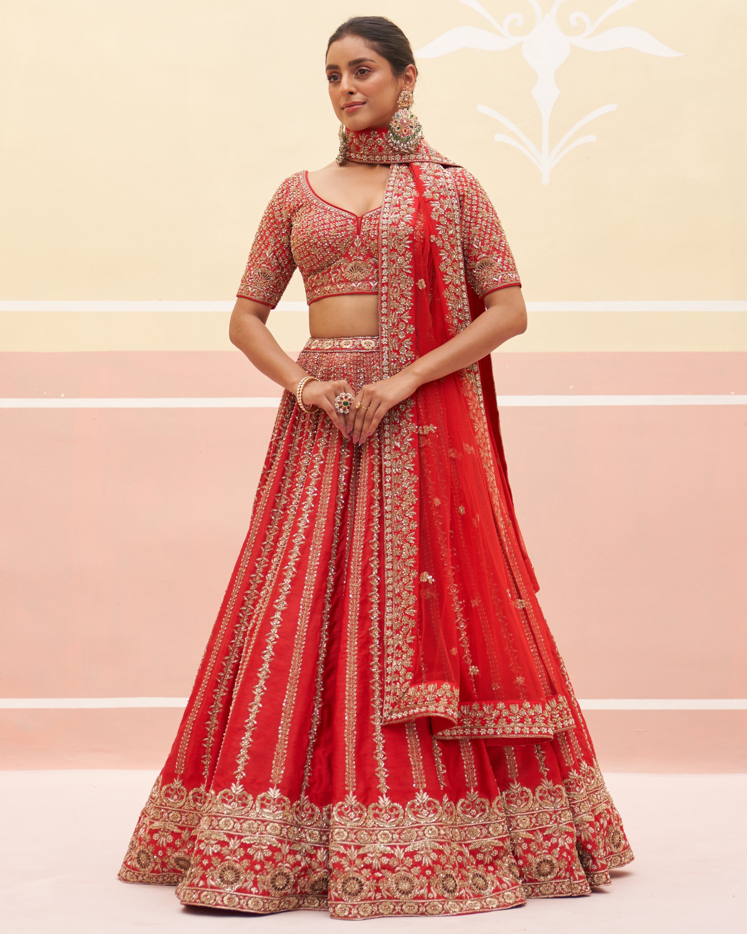 Saharsa Red Raw Silk Lehenga Set