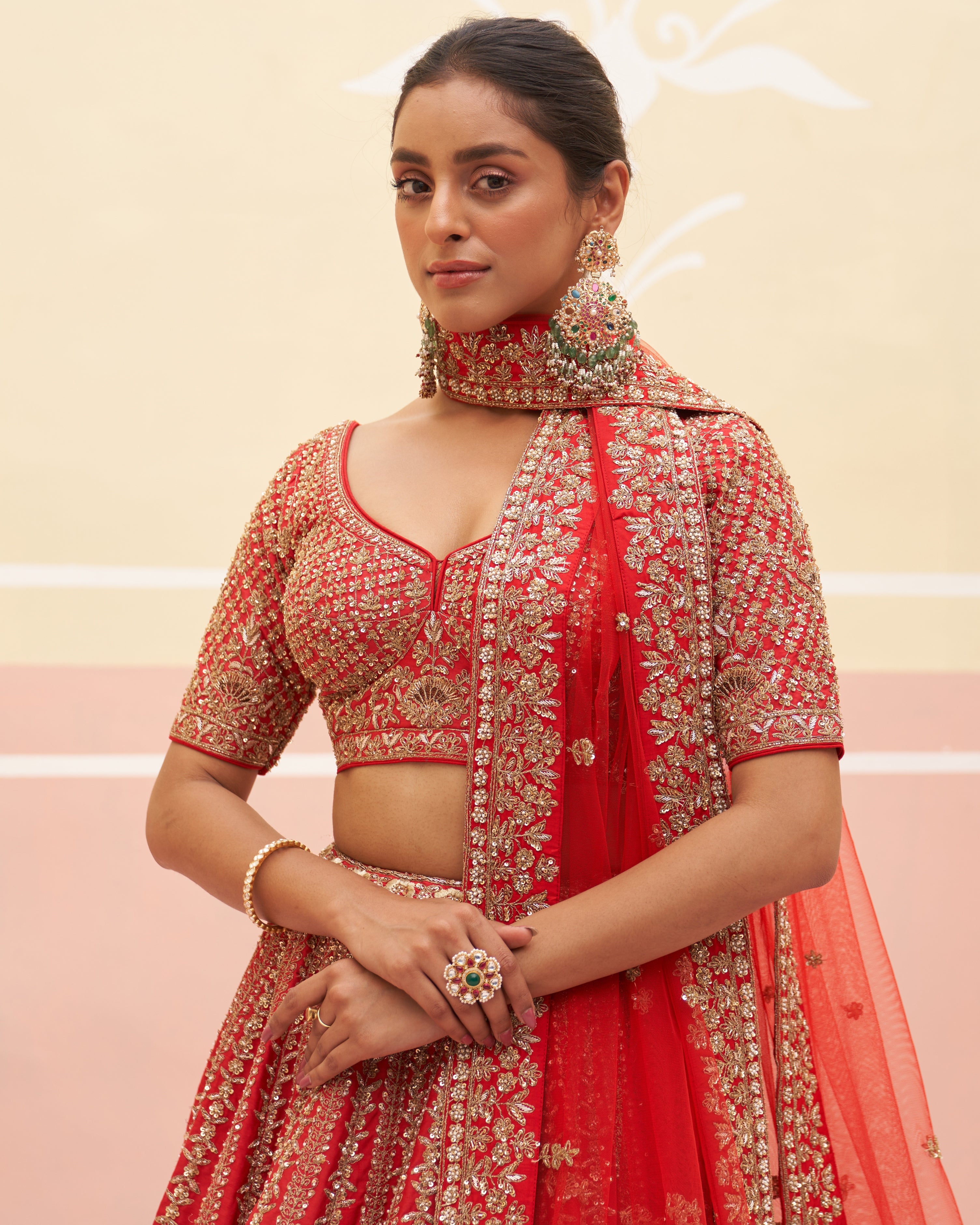 Saharsa Red Raw Silk Lehenga Set