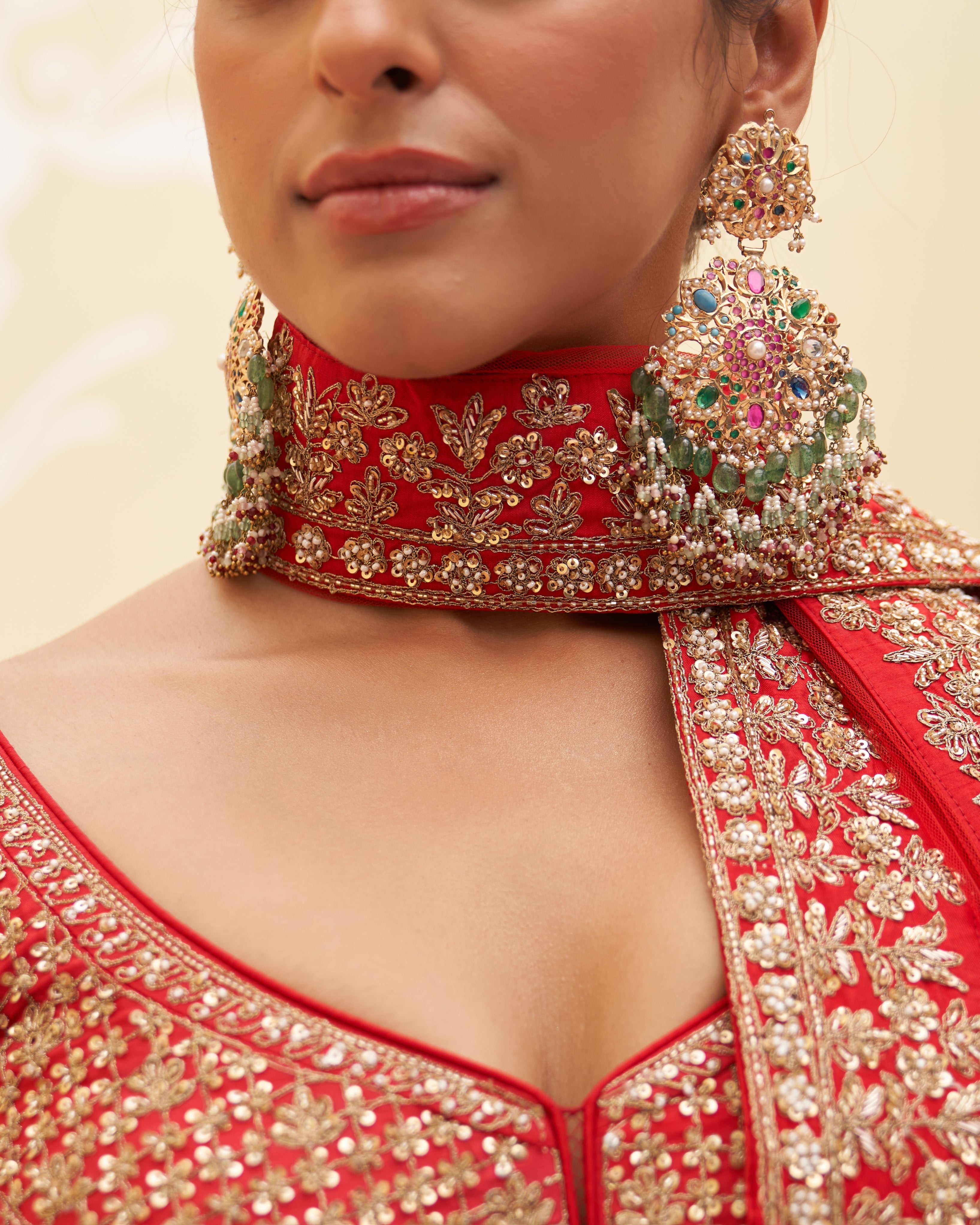 Saharsa Red Raw Silk Lehenga Set