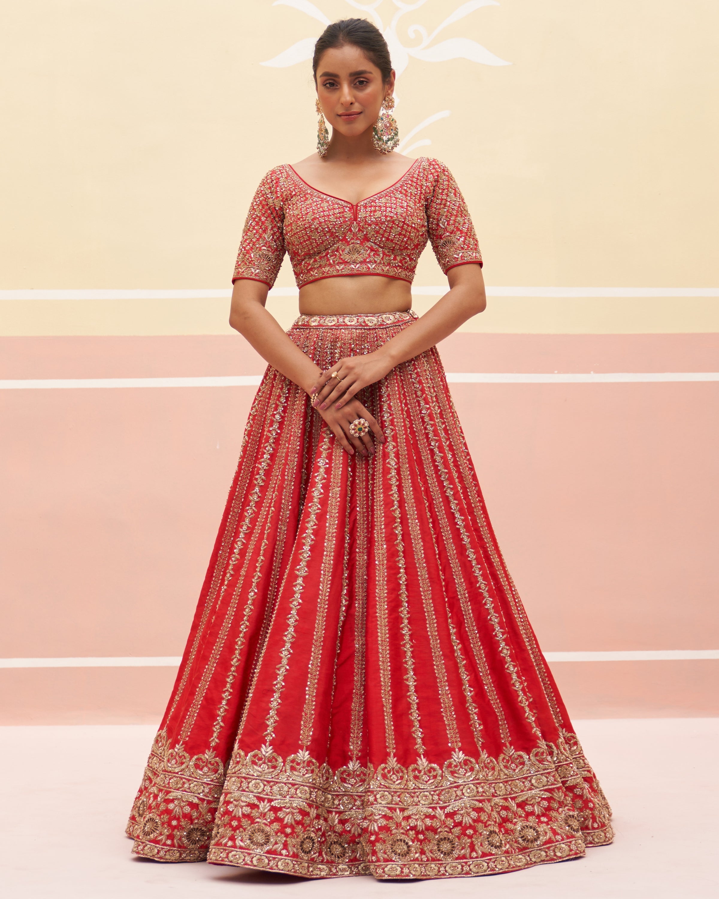Saharsa Red Raw Silk Lehenga Set