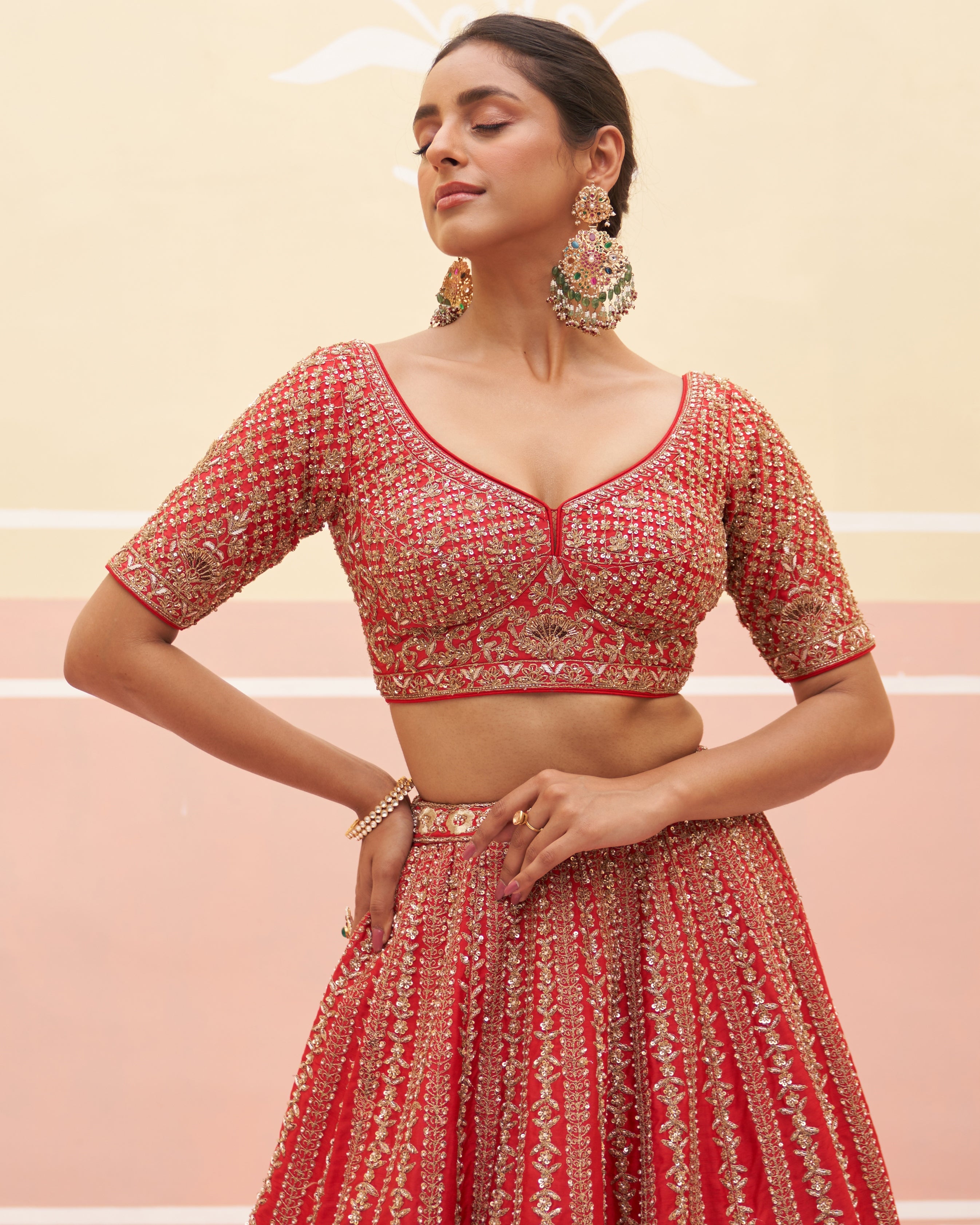 Saharsa Red Raw Silk Lehenga Set