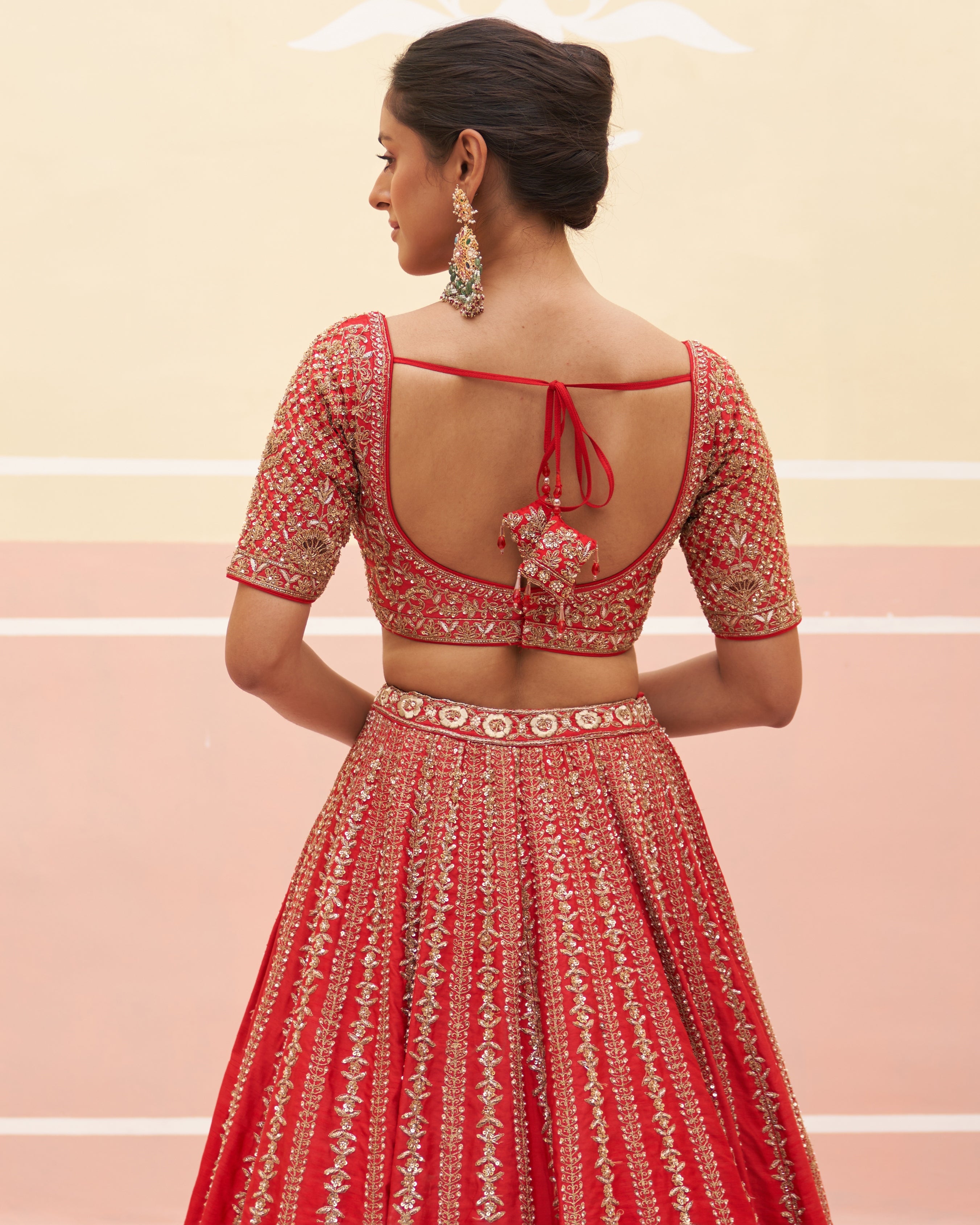 Saharsa Red Raw Silk Lehenga Set
