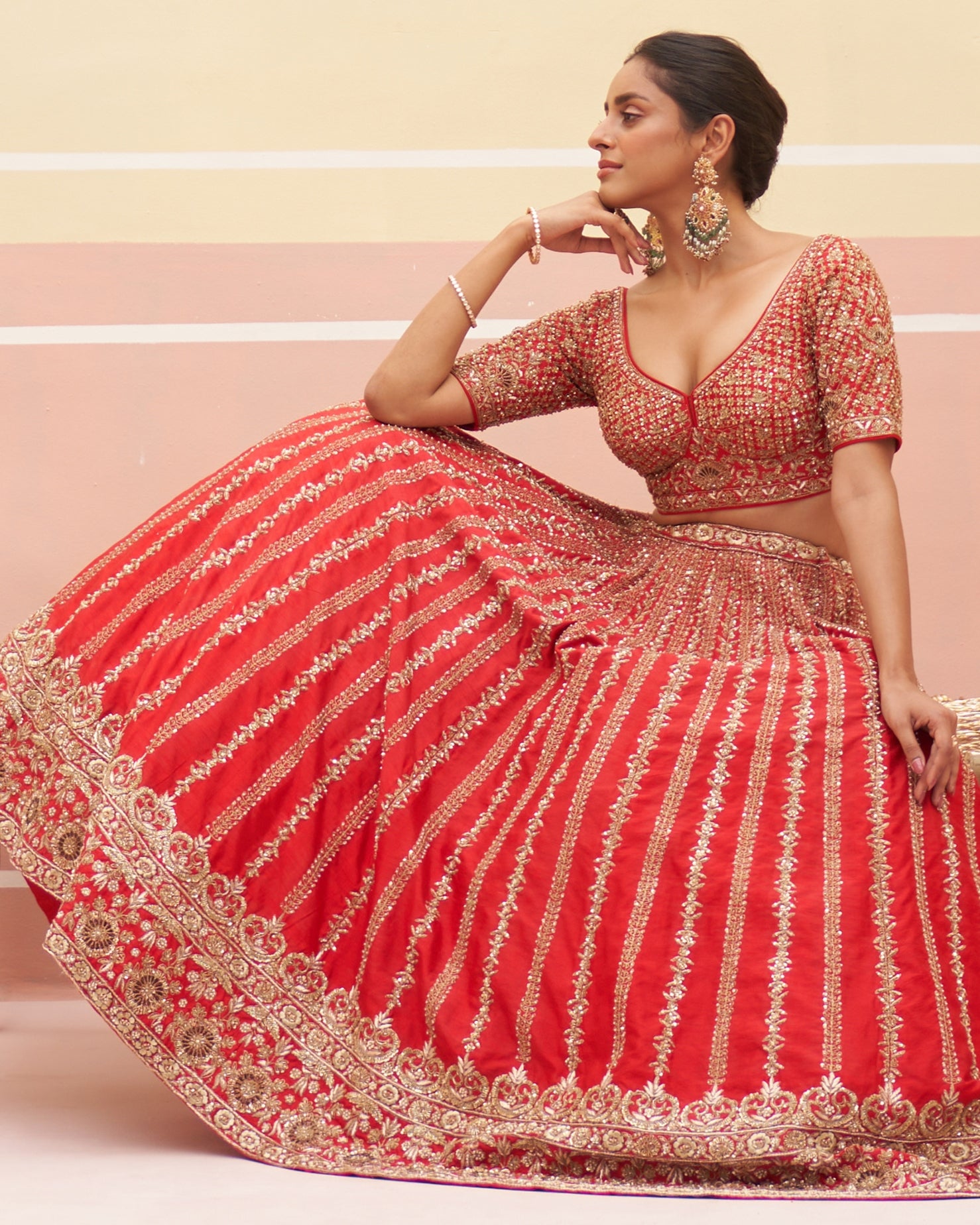 Saharsa Red Raw Silk Lehenga Set