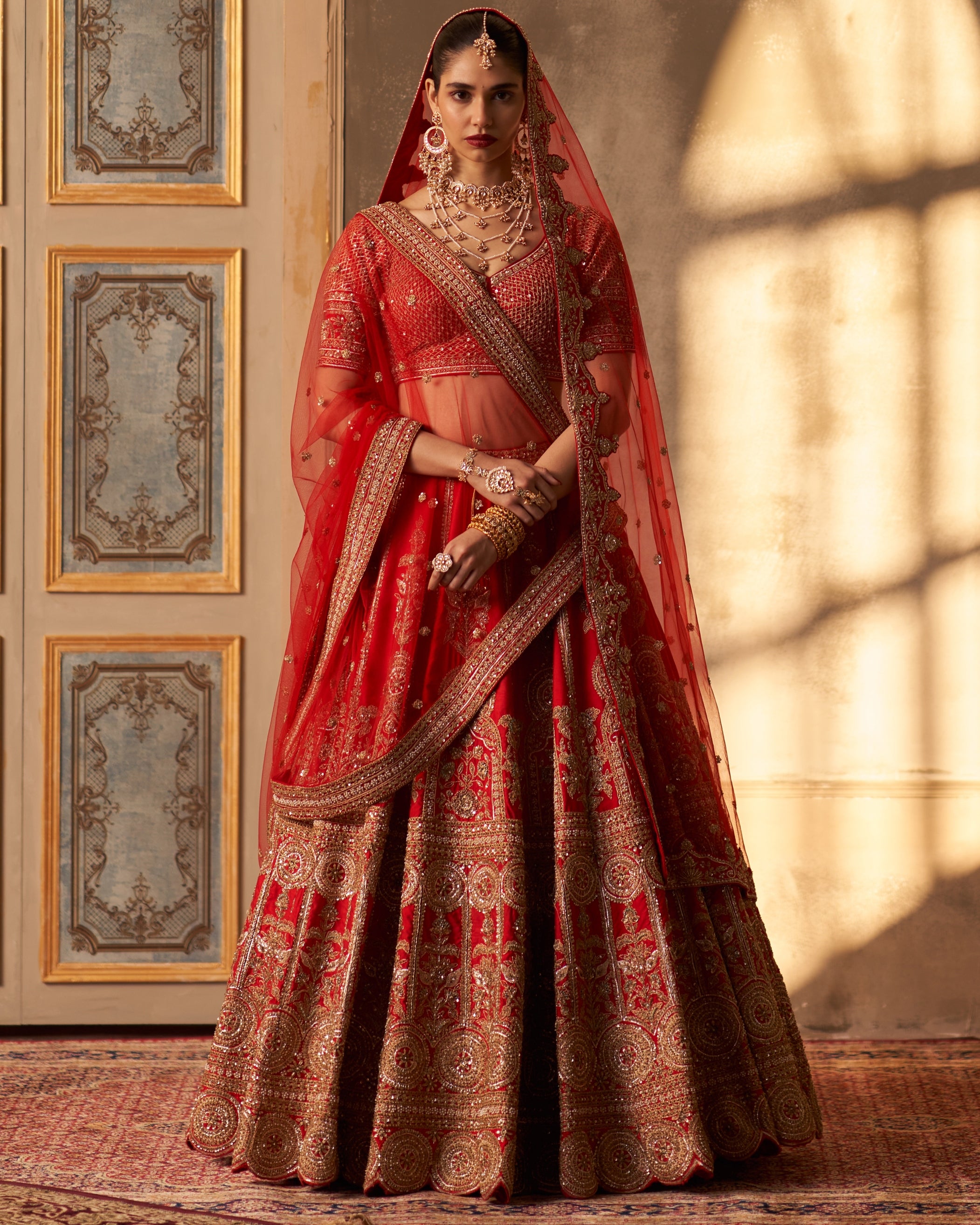 Ishira Red Raw Silk Double Dupatta Lehenga Set