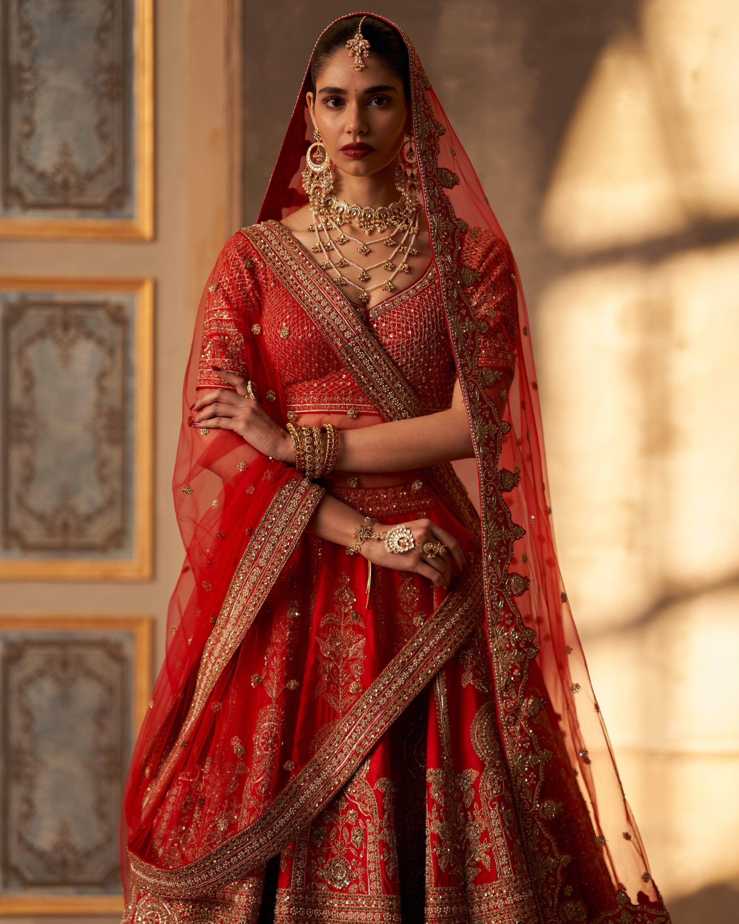 Ishira Red Raw Silk Double Dupatta Lehenga Set