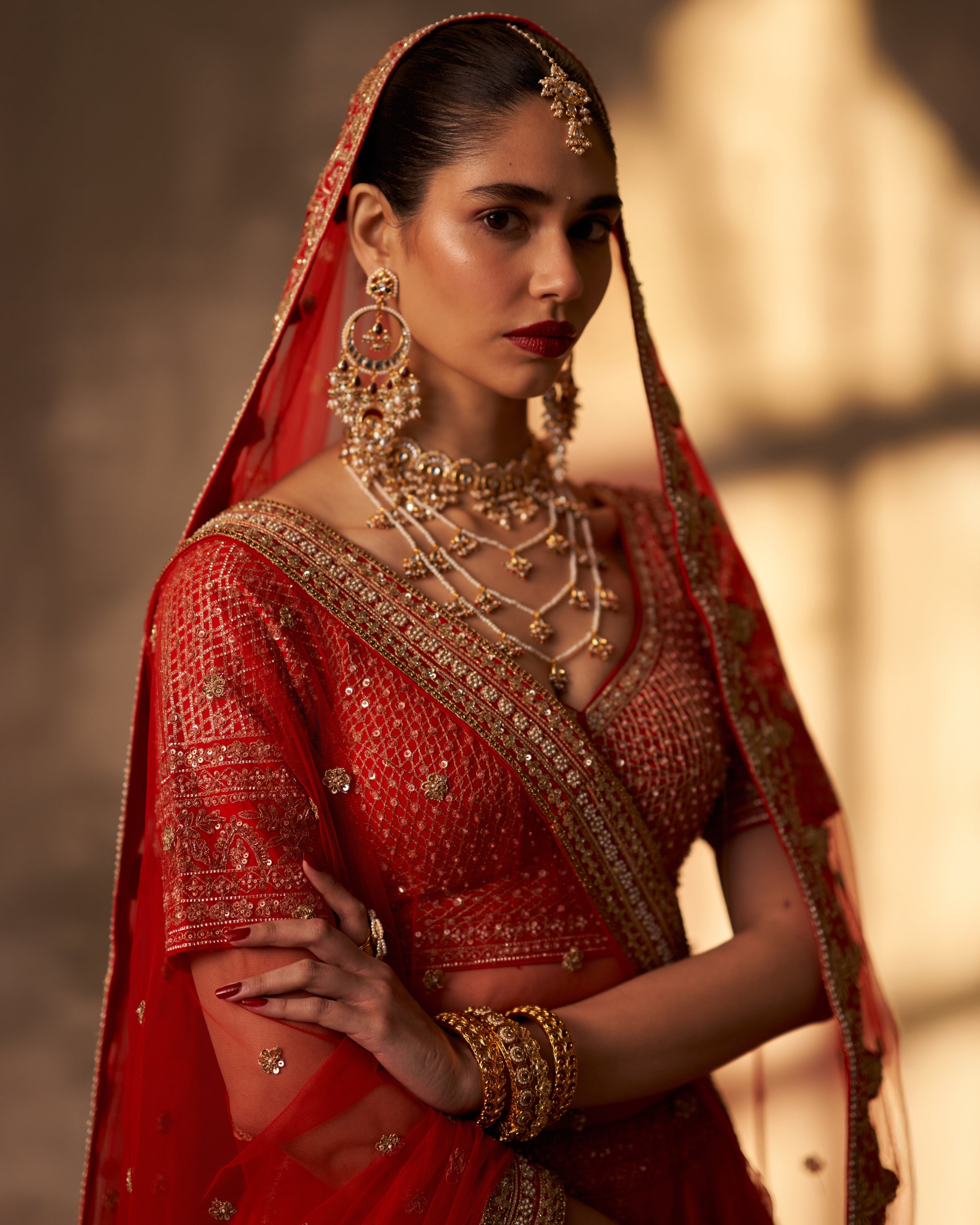 Ishira Red Raw Silk Double Dupatta Lehenga Set