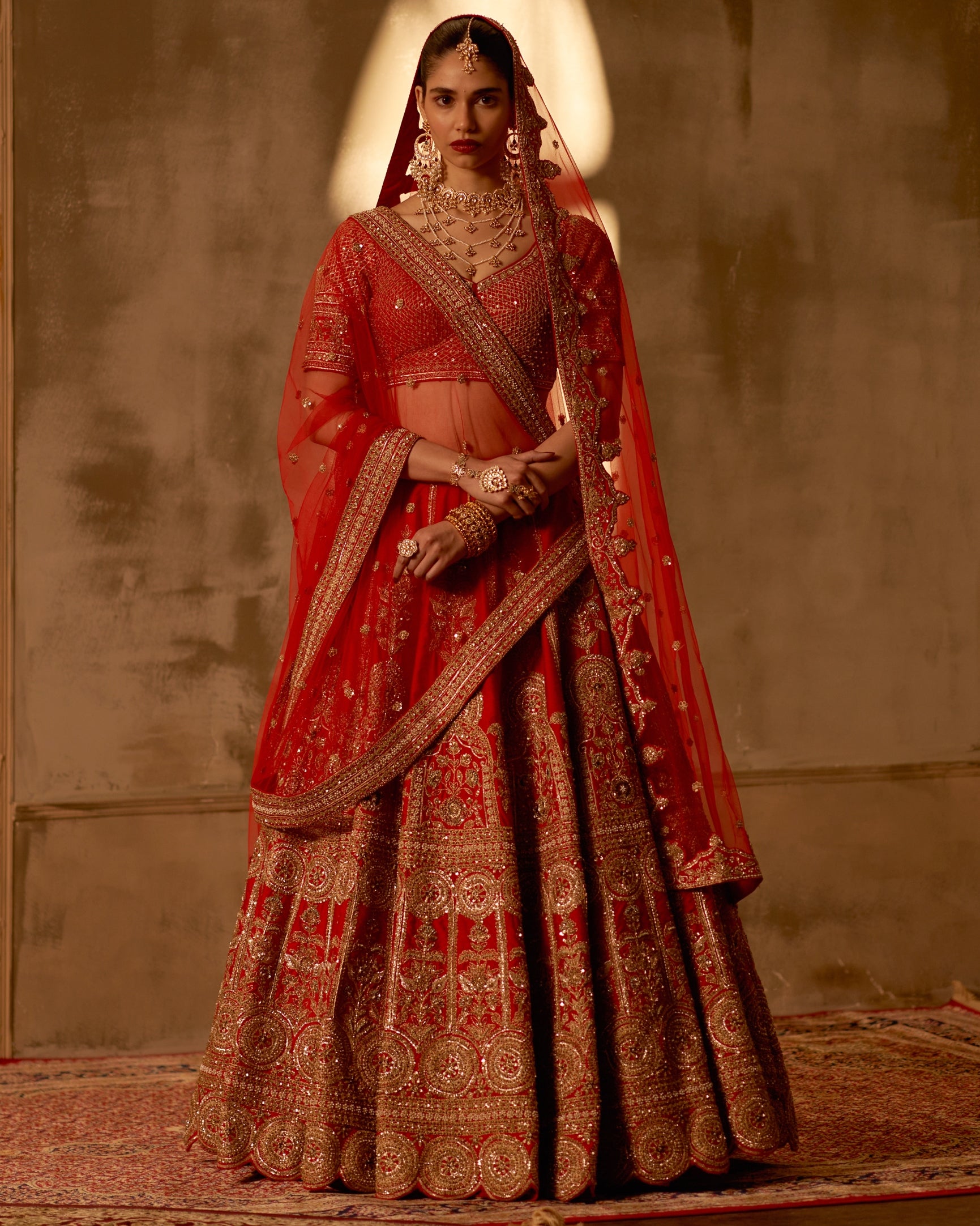 Ishira Red Raw Silk Double Dupatta Lehenga Set