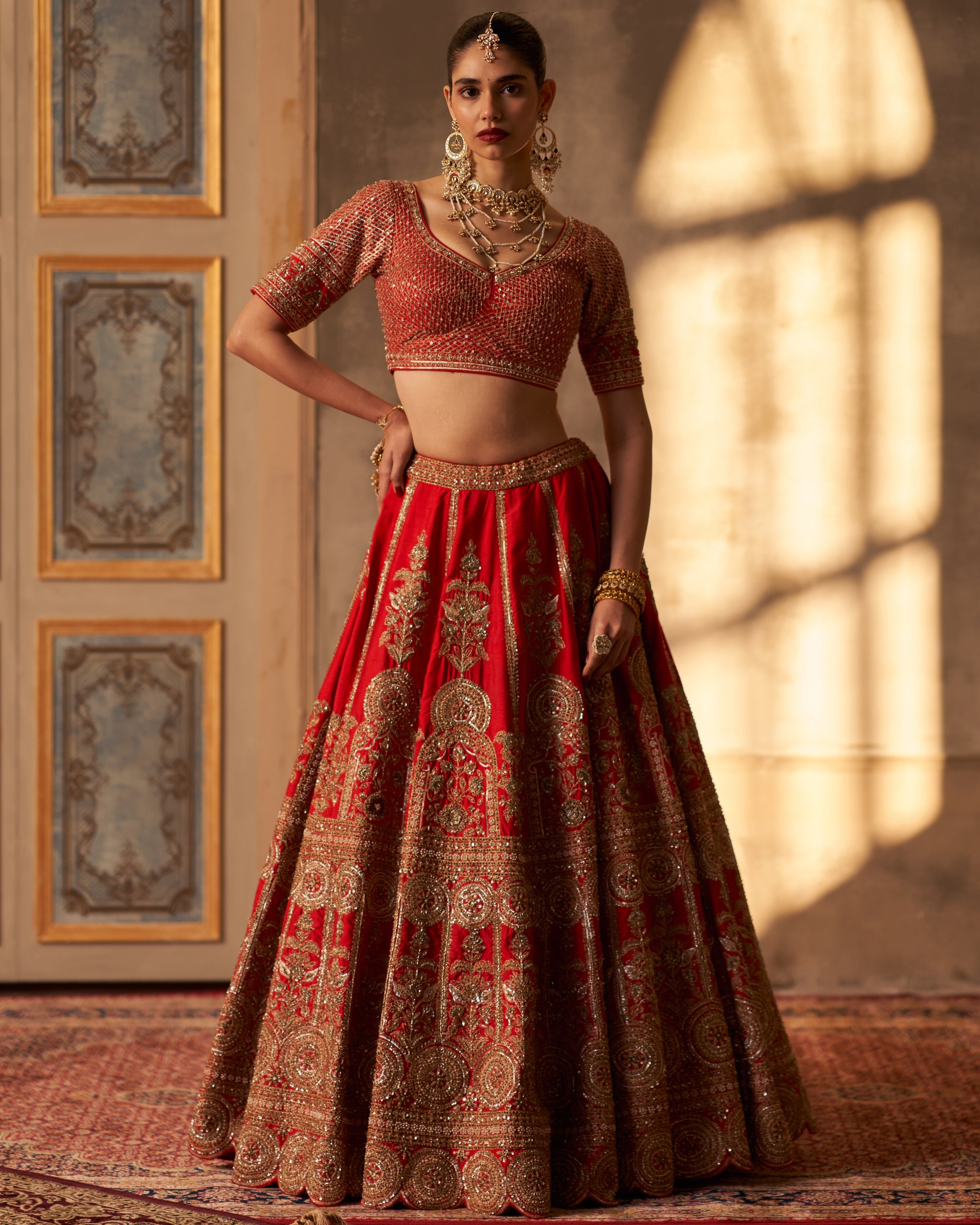 Ishira Red Raw Silk Double Dupatta Lehenga Set