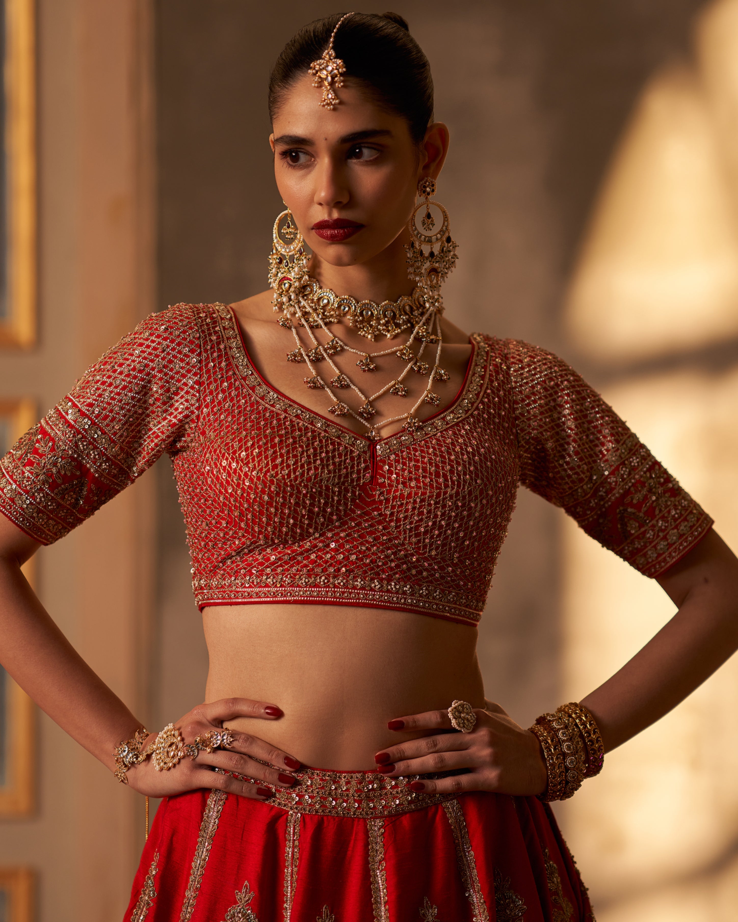 Ishira Red Raw Silk Double Dupatta Lehenga Set