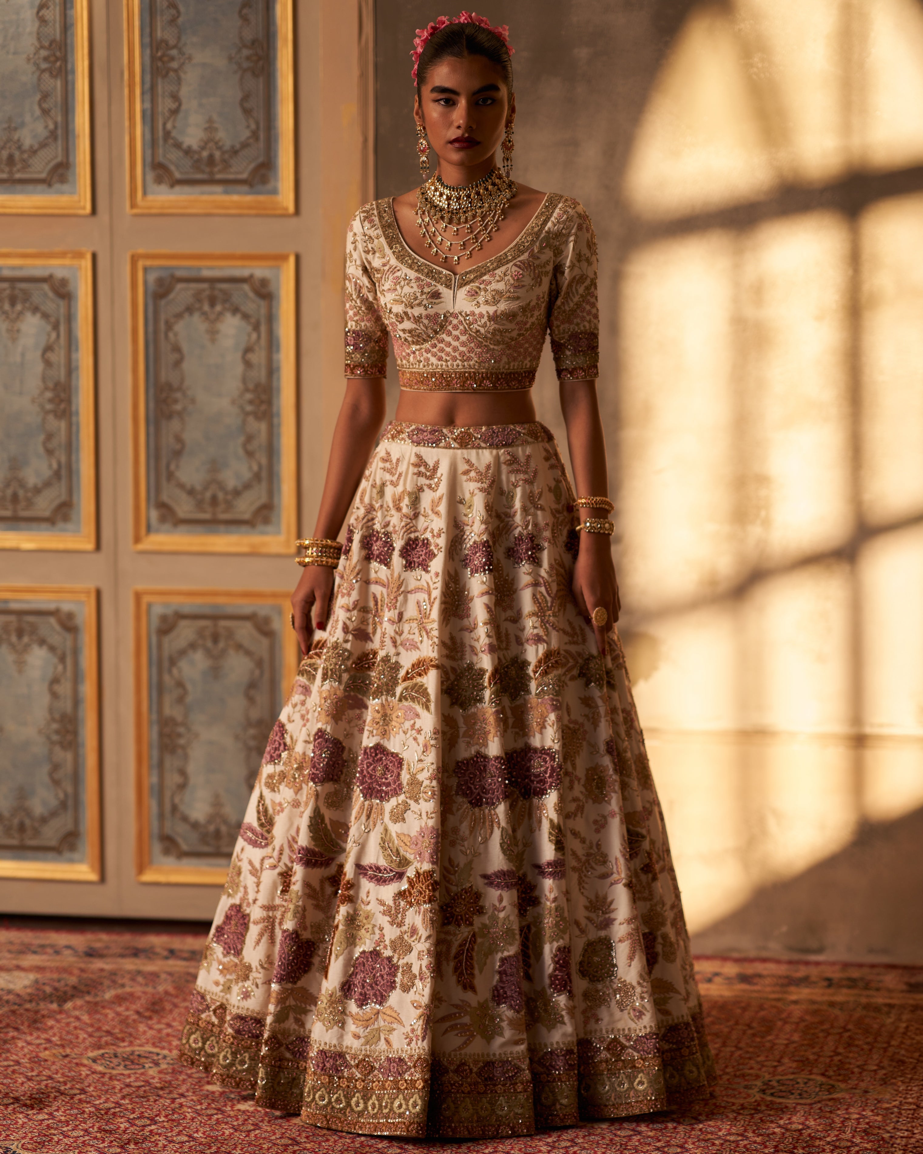 Aavya Ivory Raw Silk Double Dupatta Lehenga Set