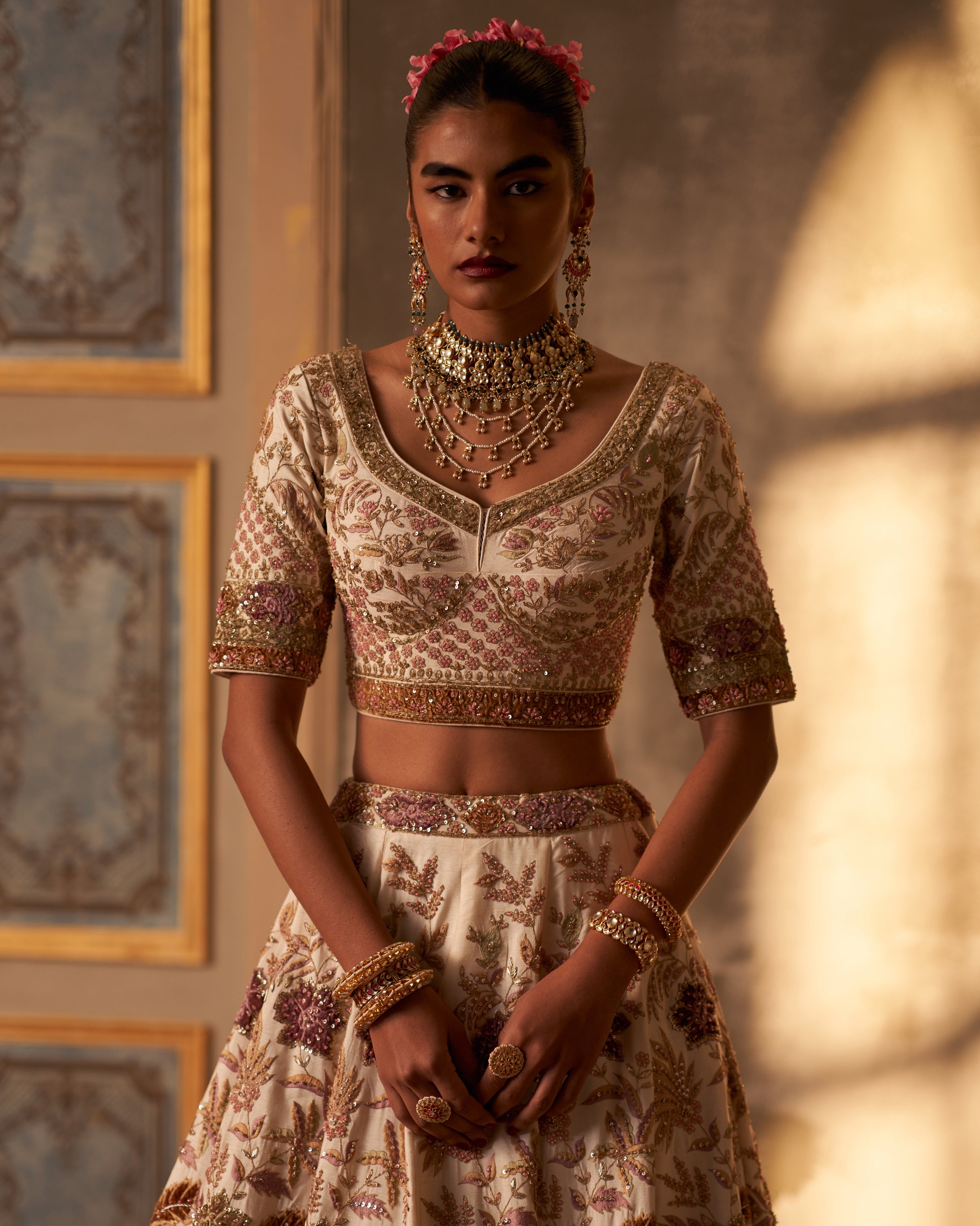 Aavya Ivory Raw Silk Double Dupatta Lehenga Set