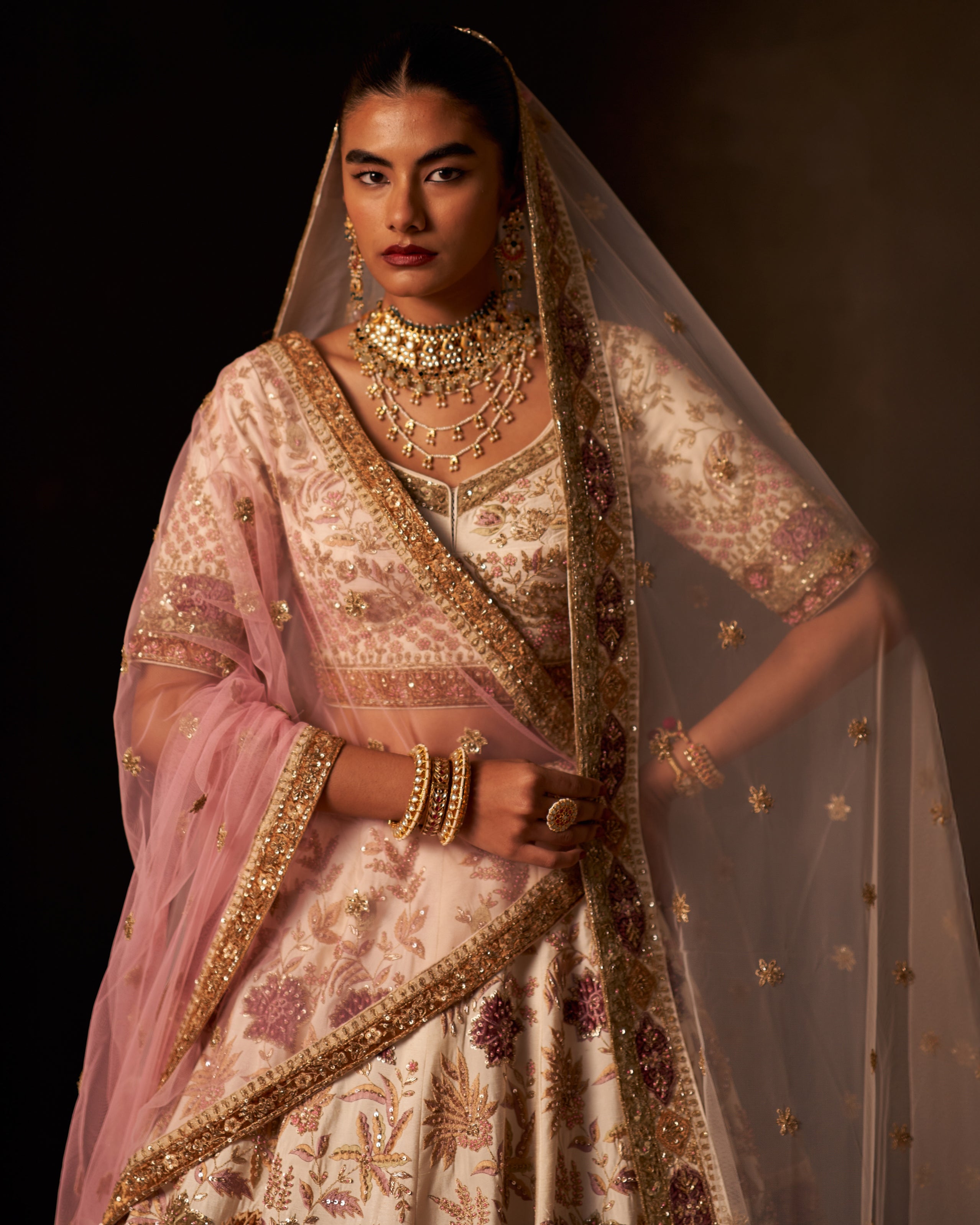 Aavya Ivory Raw Silk Double Dupatta Lehenga Set