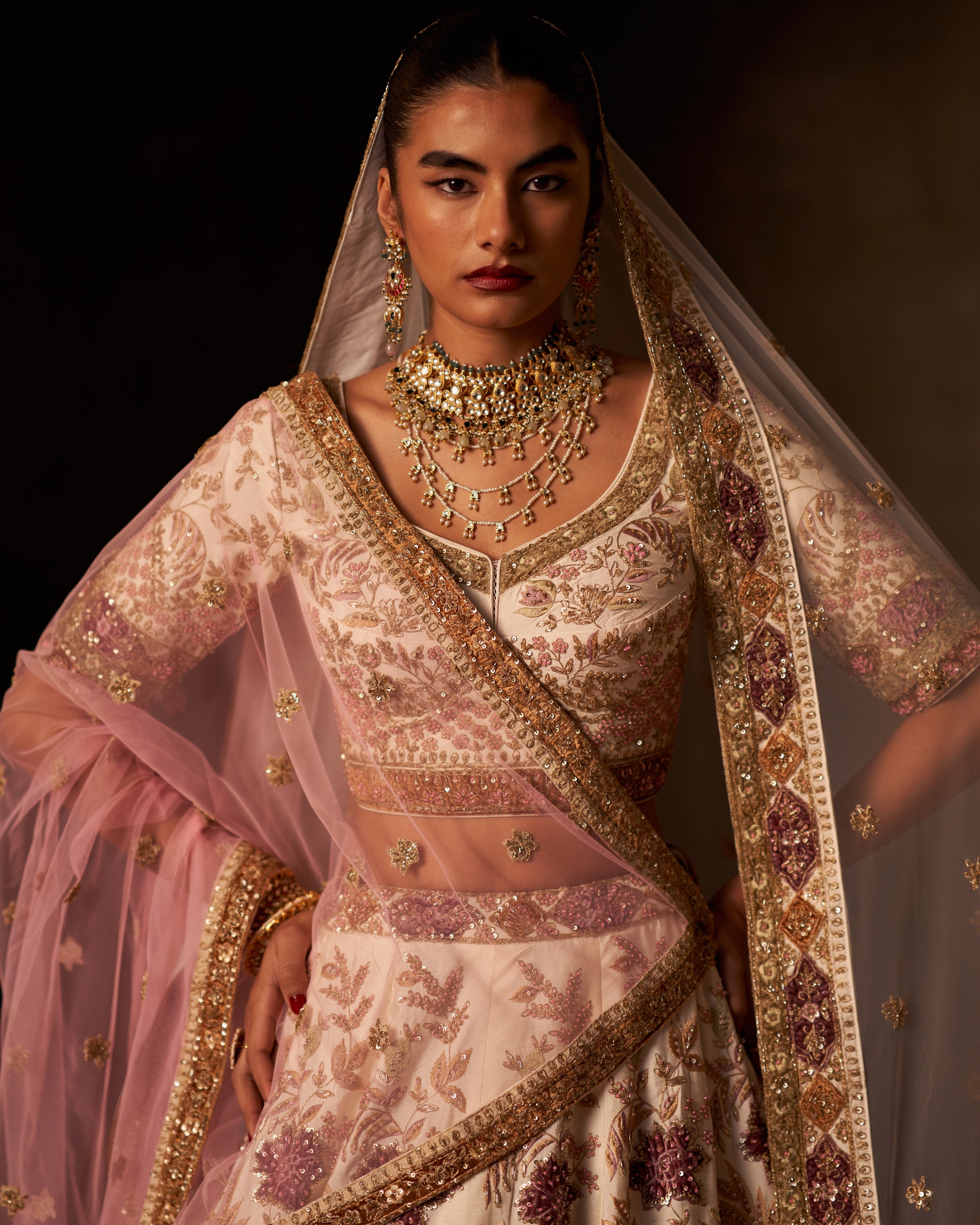 Aavya Ivory Raw Silk Double Dupatta Lehenga Set