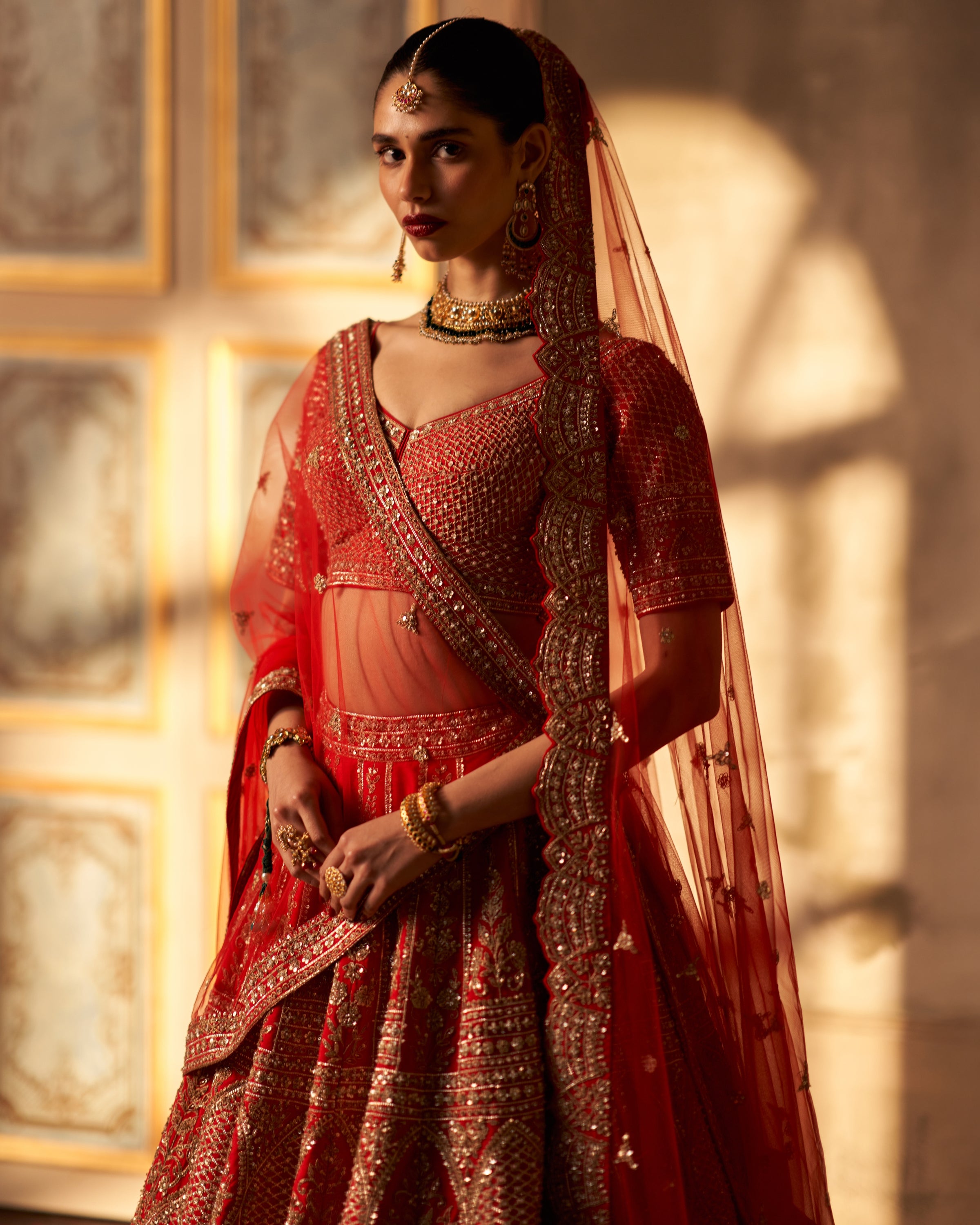 Gauri Red Raw Silk Double Dupatta Lehenga Set