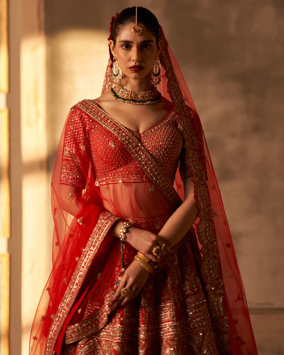 Gauri Red Raw Silk Double Dupatta Lehenga Set