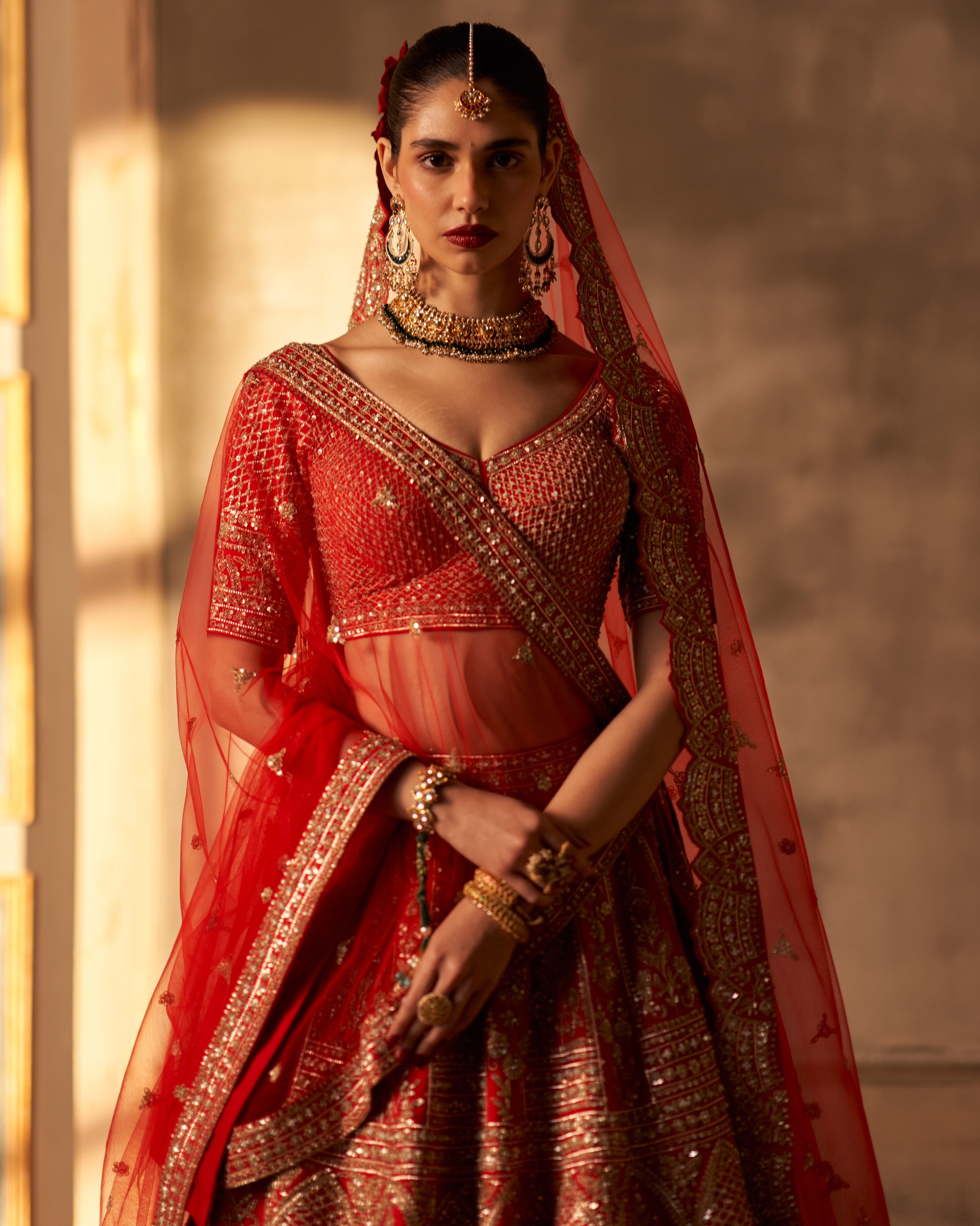 Gauri Red Raw Silk Double Dupatta Lehenga Set