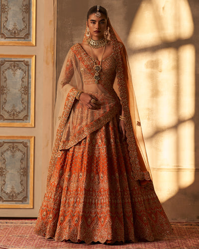 Rust Raw Silk Double Dupatta Lehenga Set