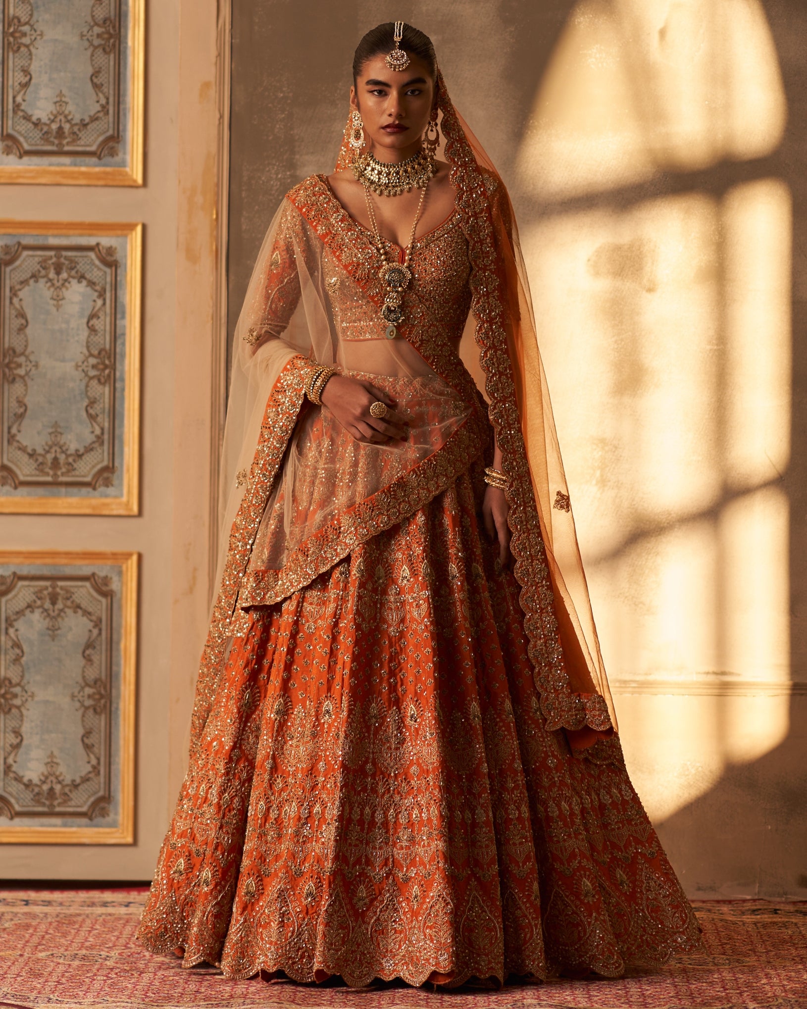 Rust Raw Silk Double Dupatta Lehenga Set