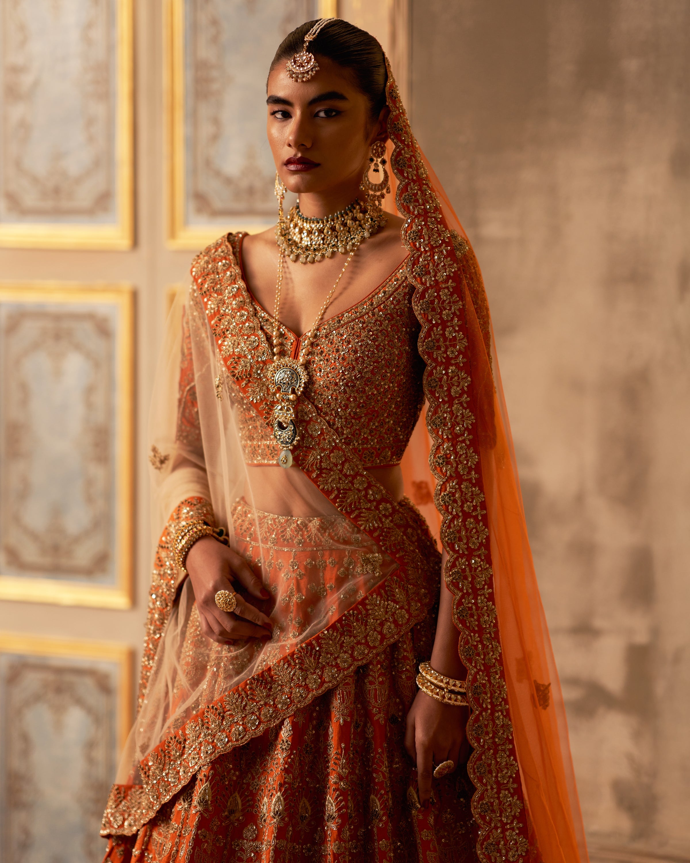 Rust Raw Silk Double Dupatta Lehenga Set