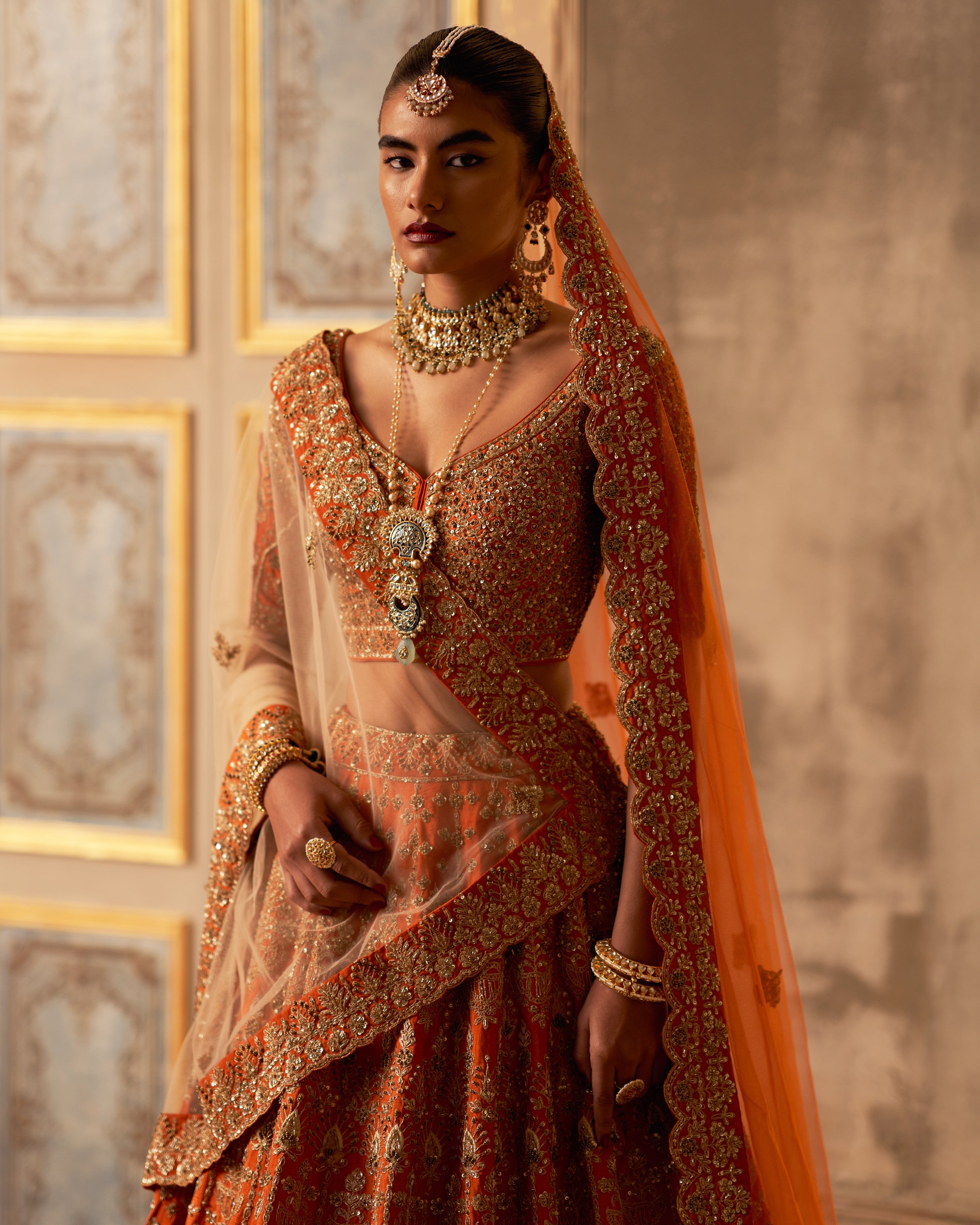 Rust Raw Silk Double Dupatta Lehenga Set