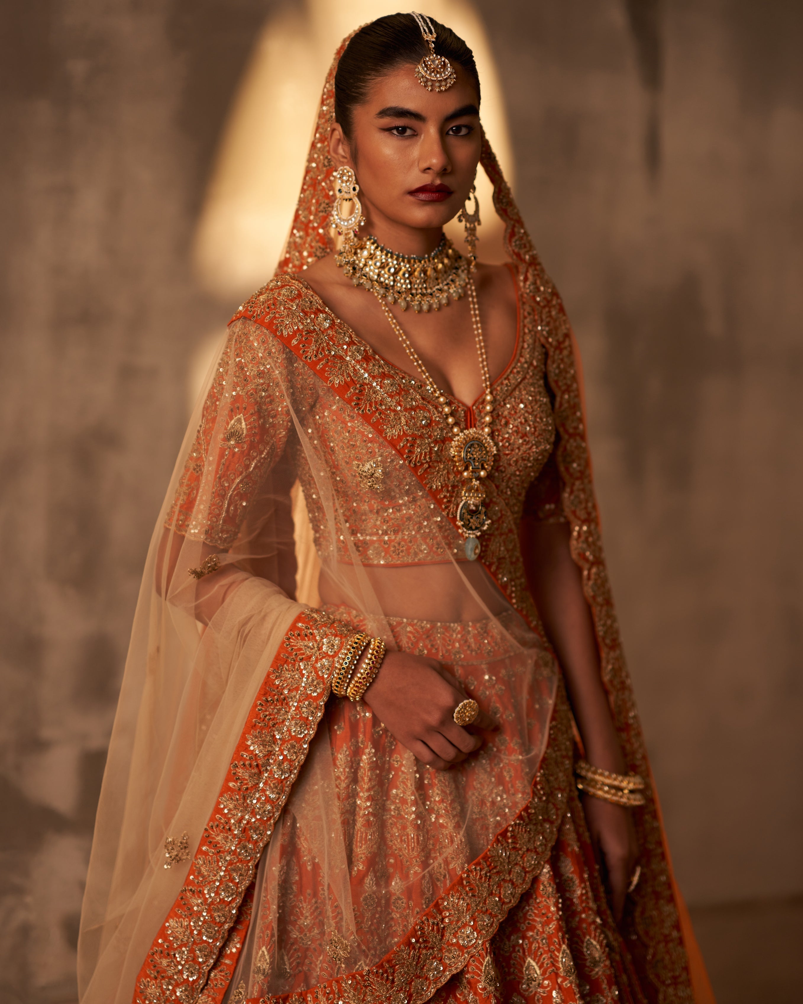 Rust Raw Silk Double Dupatta Lehenga Set