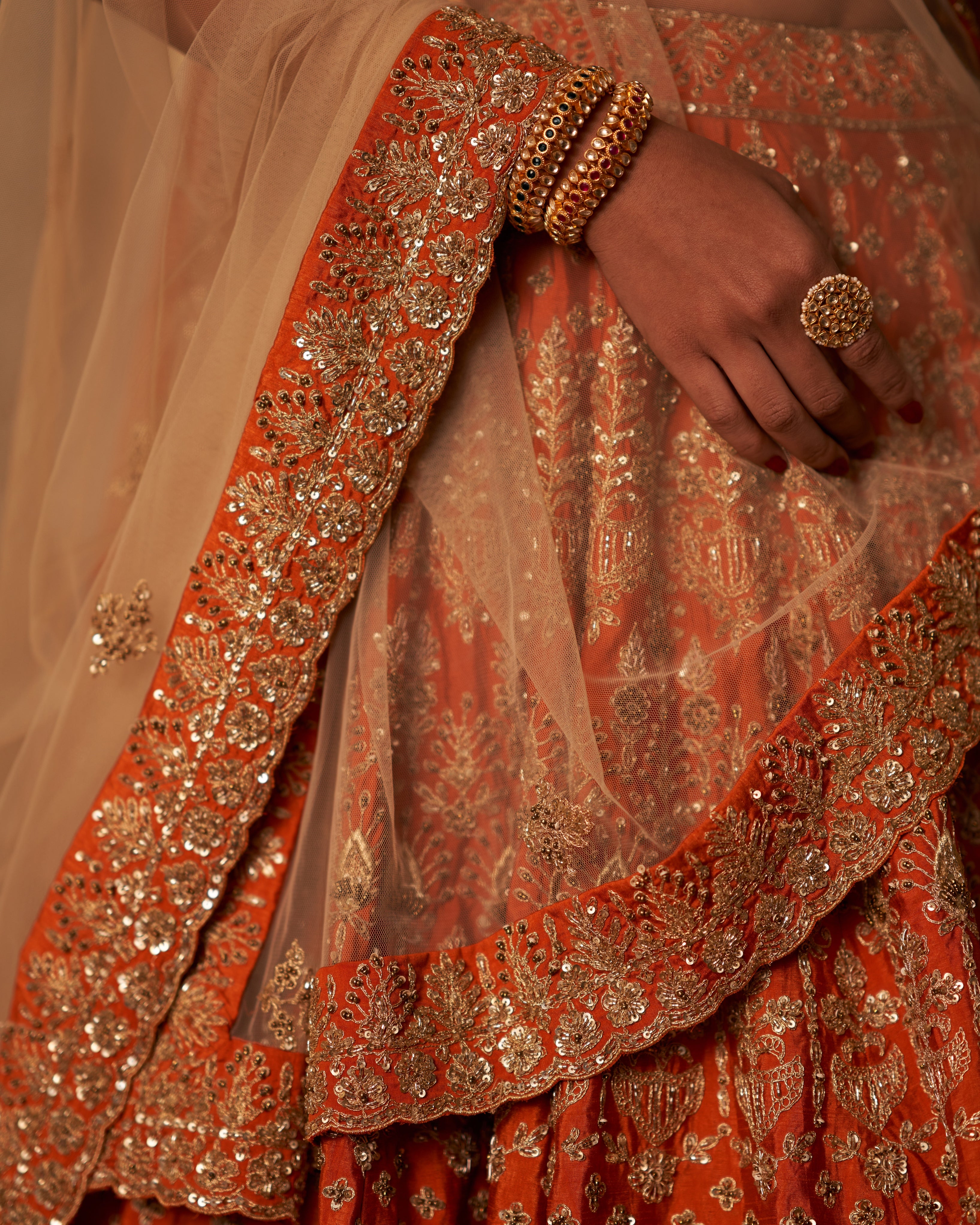 Rust Raw Silk Double Dupatta Lehenga Set