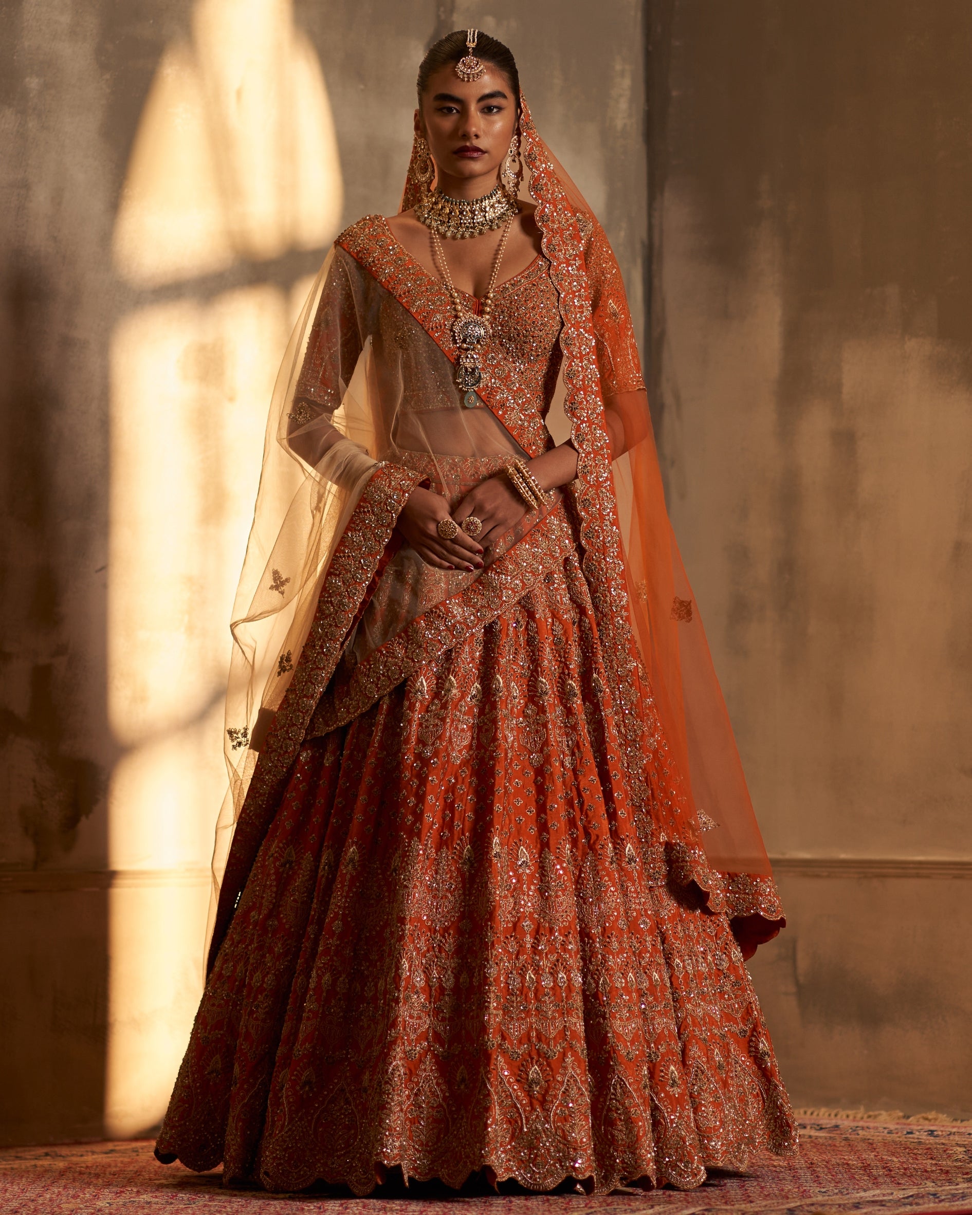 Rust Raw Silk Double Dupatta Lehenga Set