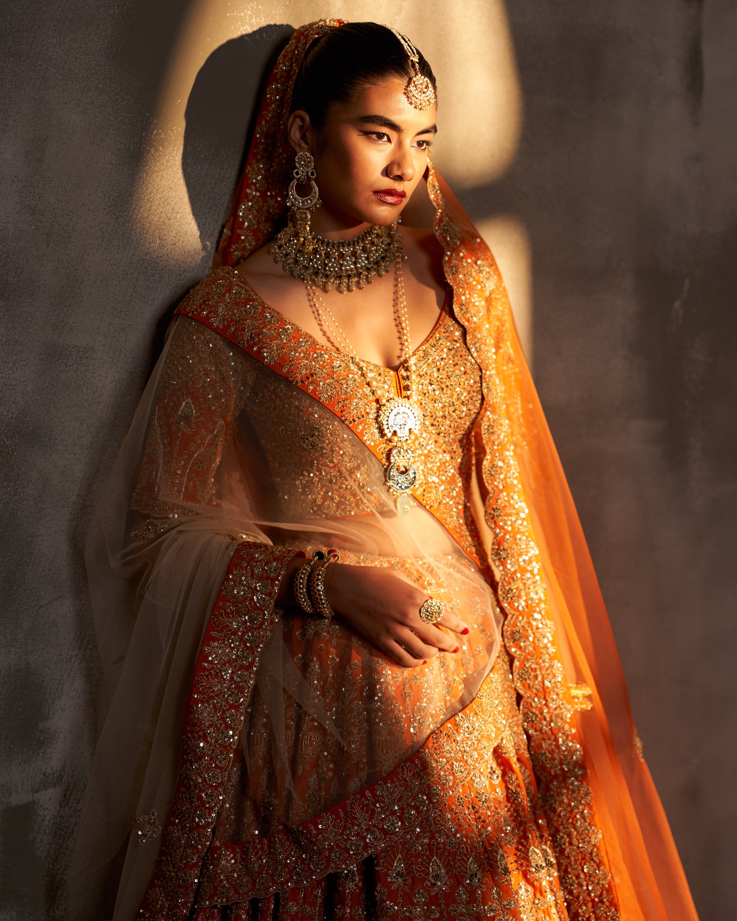 Rust Raw Silk Double Dupatta Lehenga Set