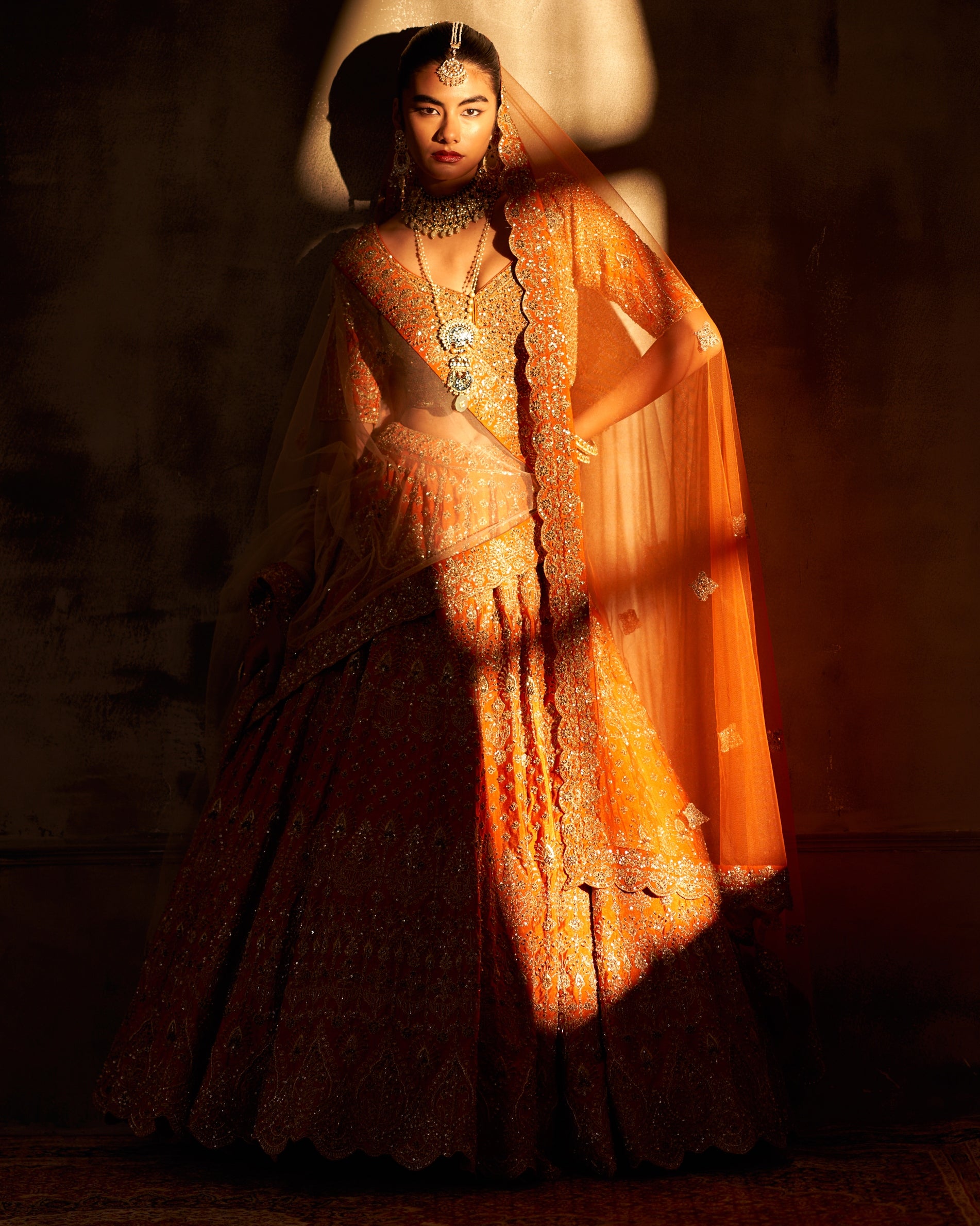 Rust Raw Silk Double Dupatta Lehenga Set