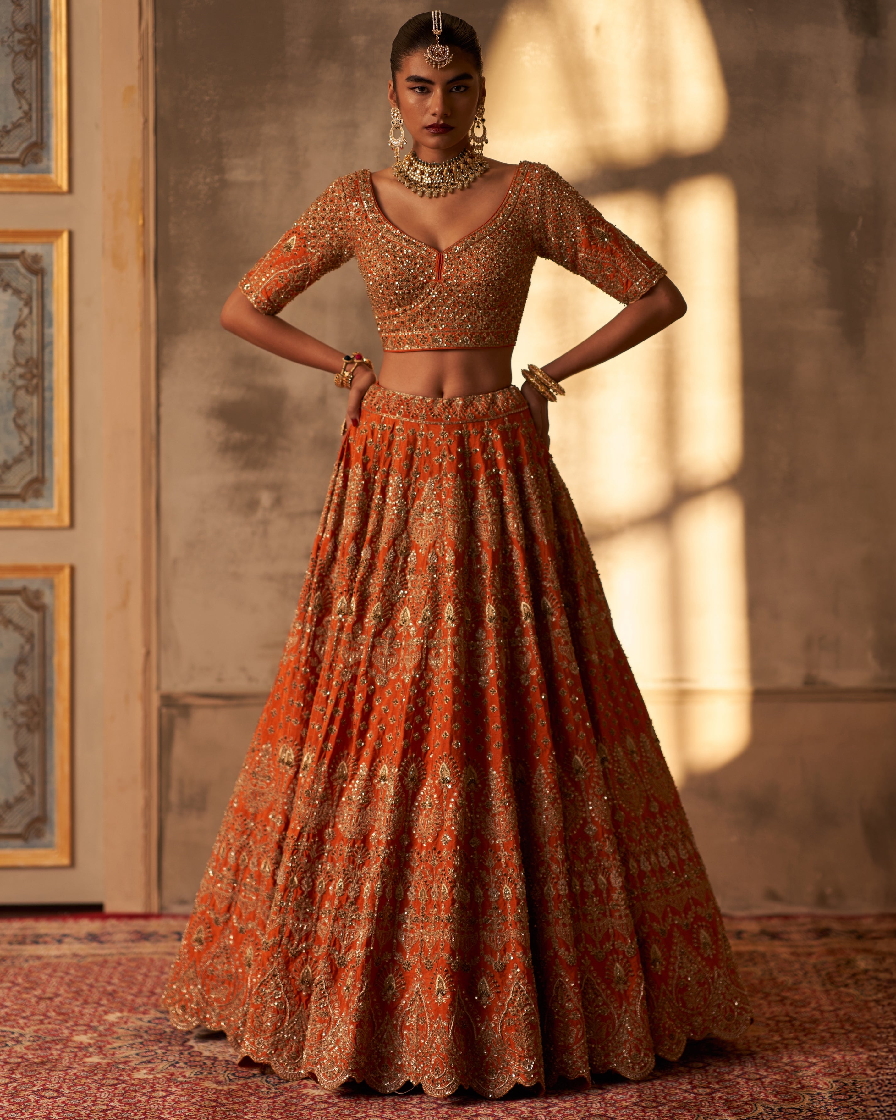 Rust Raw Silk Double Dupatta Lehenga Set