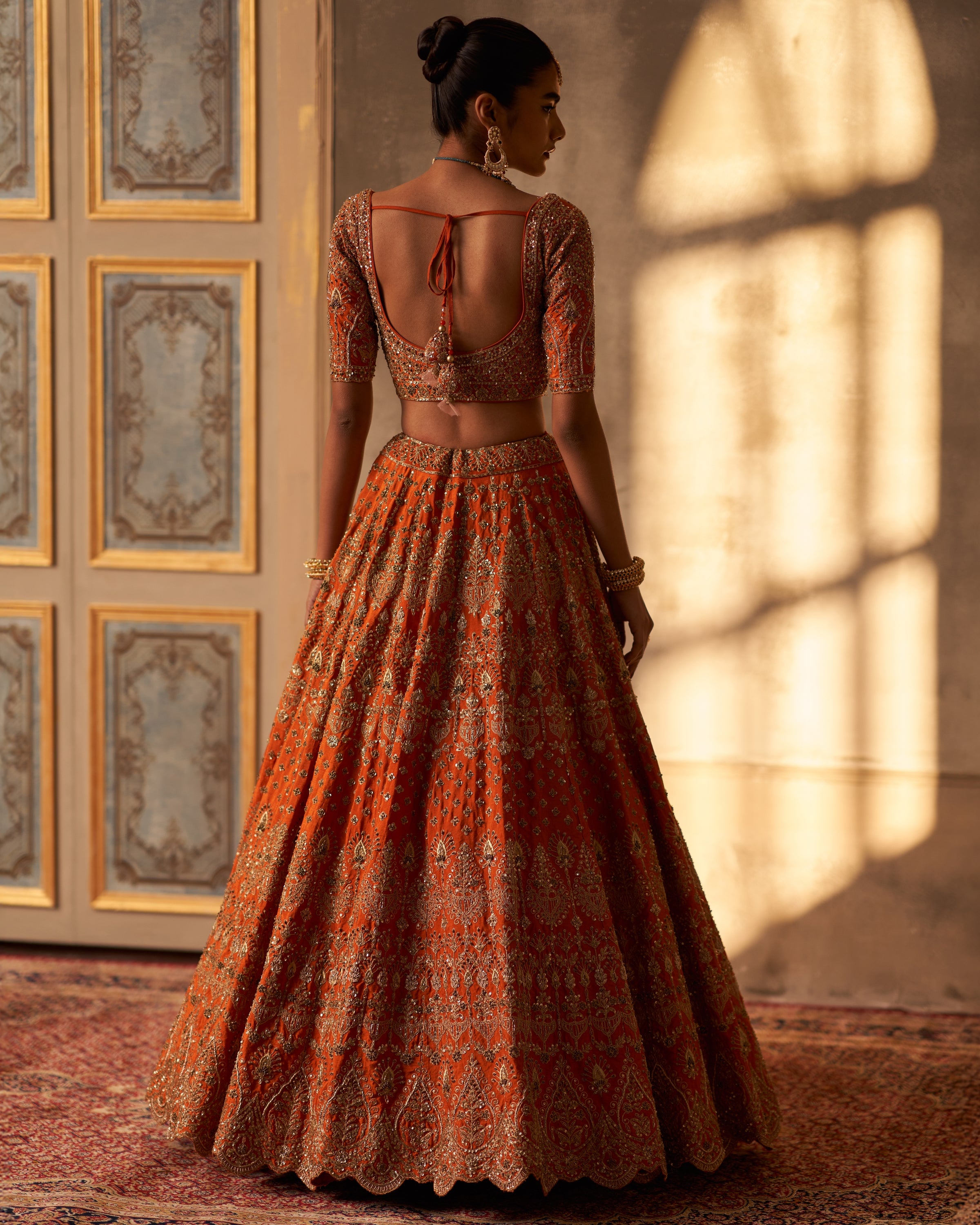 Rust Raw Silk Double Dupatta Lehenga Set