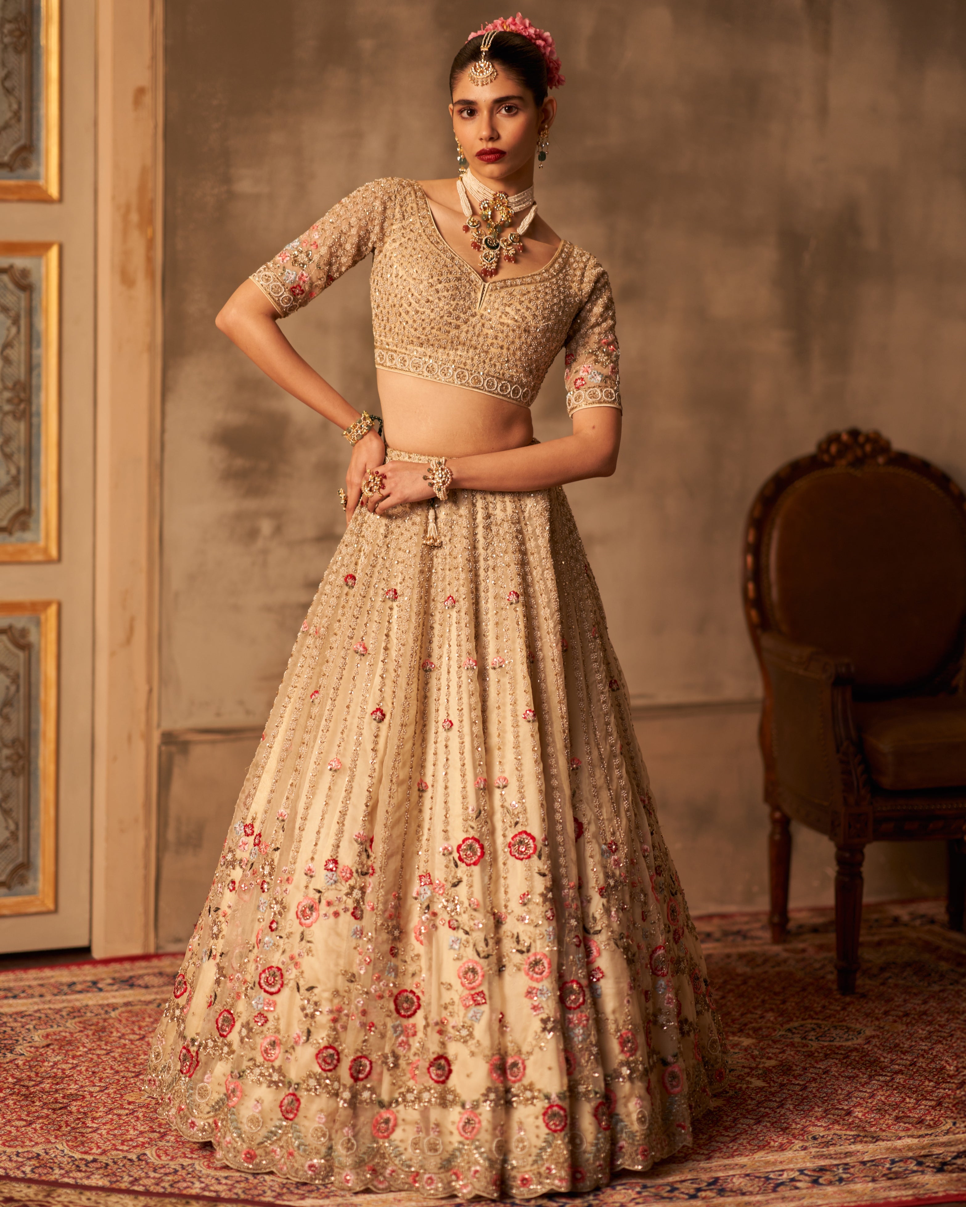 Ivory Organza Double Dupatta Lehenga Set